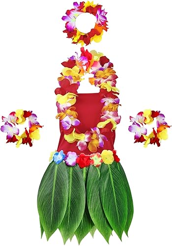 6 piezas de disfraz hawaiano para mujer, incluye falda hula, top hawaiano, flor hawaiana, collar y pulsera para Halloween, mujer, cosplay