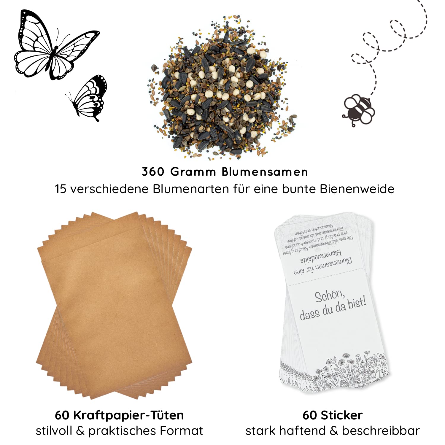 Bonbonnière et cartes de place, pour mariage, graines de fleurs, saule d'abeille, cartes de table, porte-nom, confirmation, baptême, Noël, anniversaire, invités, avec inscription « Schön, dass du da