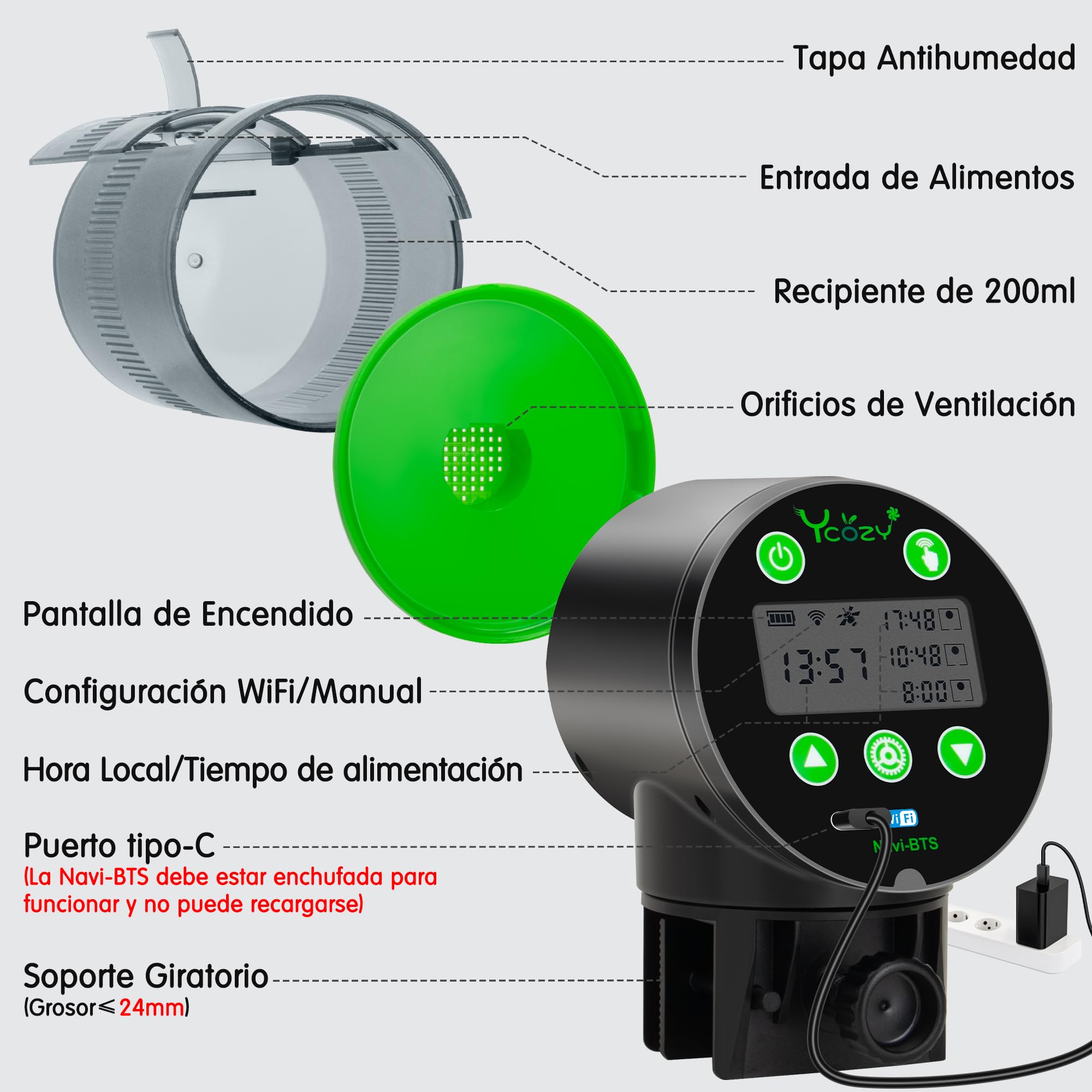 Ycozy WiFi Comedero Automatico Peces con Enchufe y Cable USB-C, Comedero Acuario Automatico por Enchufe Automático de Comida con Mando Distancia App y Pantalla LCD | Navi-BTS