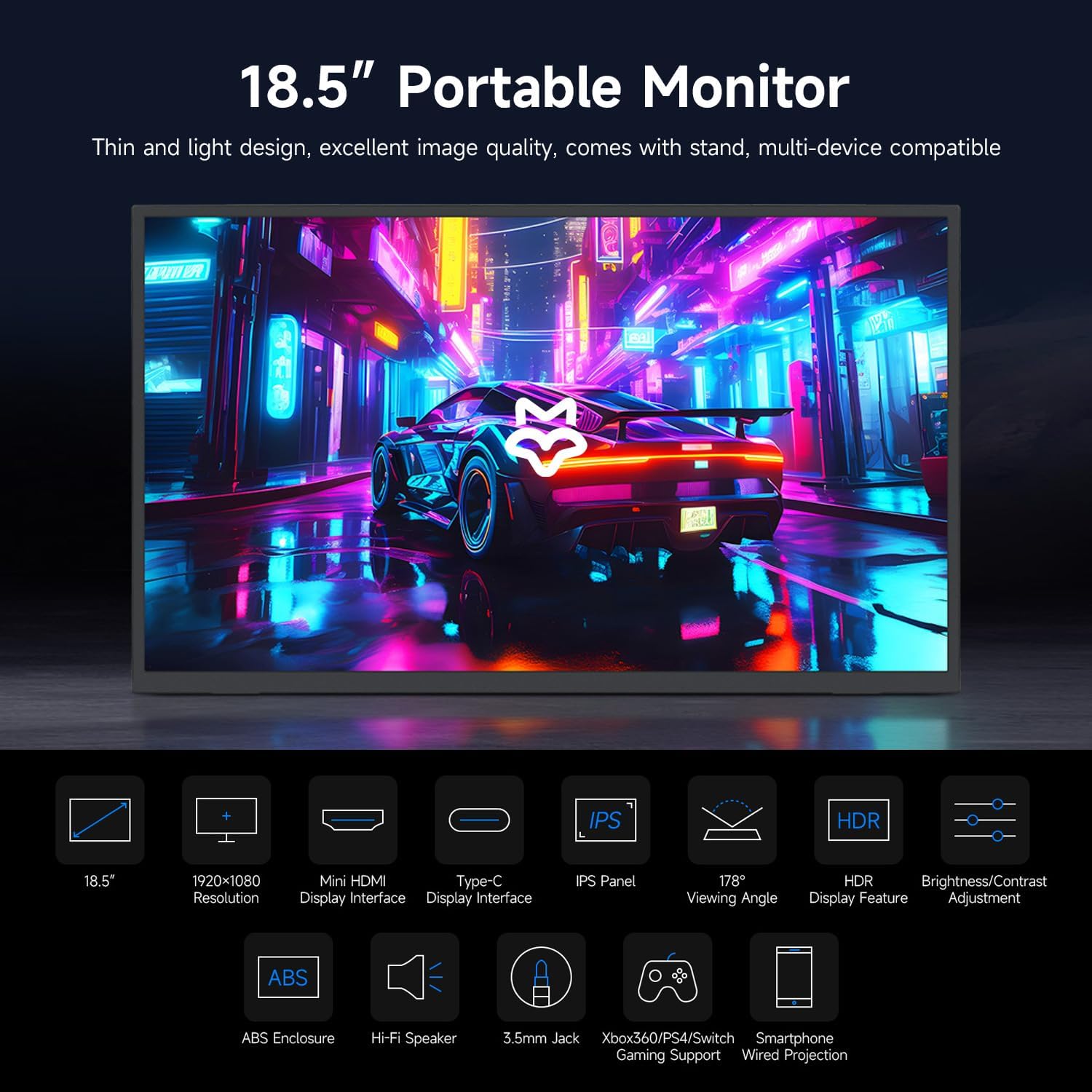 waveshare Luckfox 18.5inch Portable Monitor with Stand, IPS Screen, 120Hz High Refresh Rate, Mini HDMI Interface, 1920 × 1080 Full HD, 178° Viewing Angle, ABS Case, Supports HDR, No Touch
