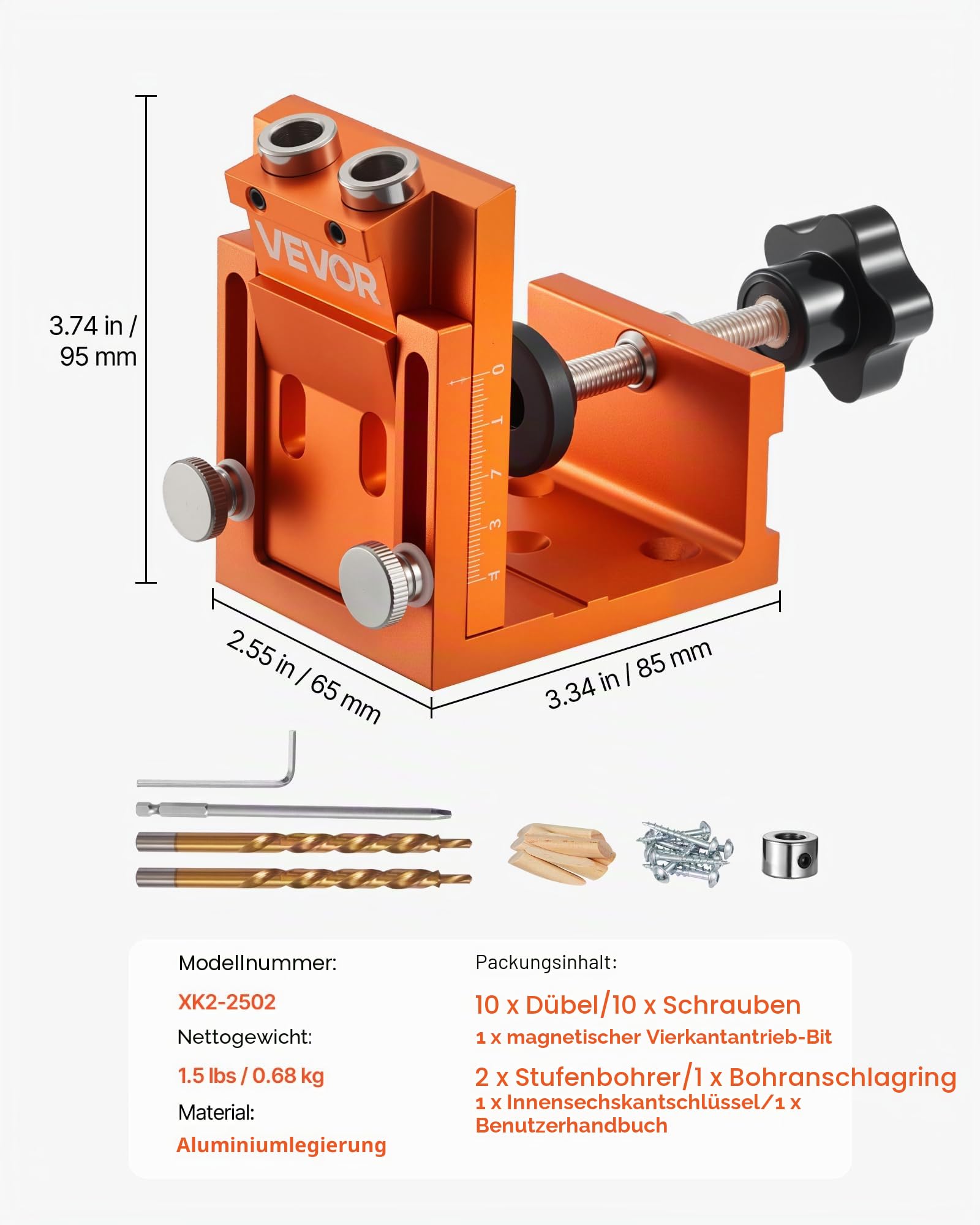 VEVOR Pocket Hole Jig Set Taschenloch-Vorrichtungssatz 12-48 mm Vorrichtungs-Taschenlochsystem mit Stufenbohrer, Sechskantschlüssel, Bohrstoppring, Vierkant-Antriebsbit, Dübel und Schrauben