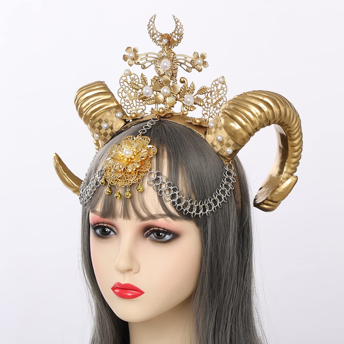 women Golden Flower Sheep Horn HairBand Gothic Headwear Costume Steampunk Cosplay (gold), Women: 20-22 - Image 4