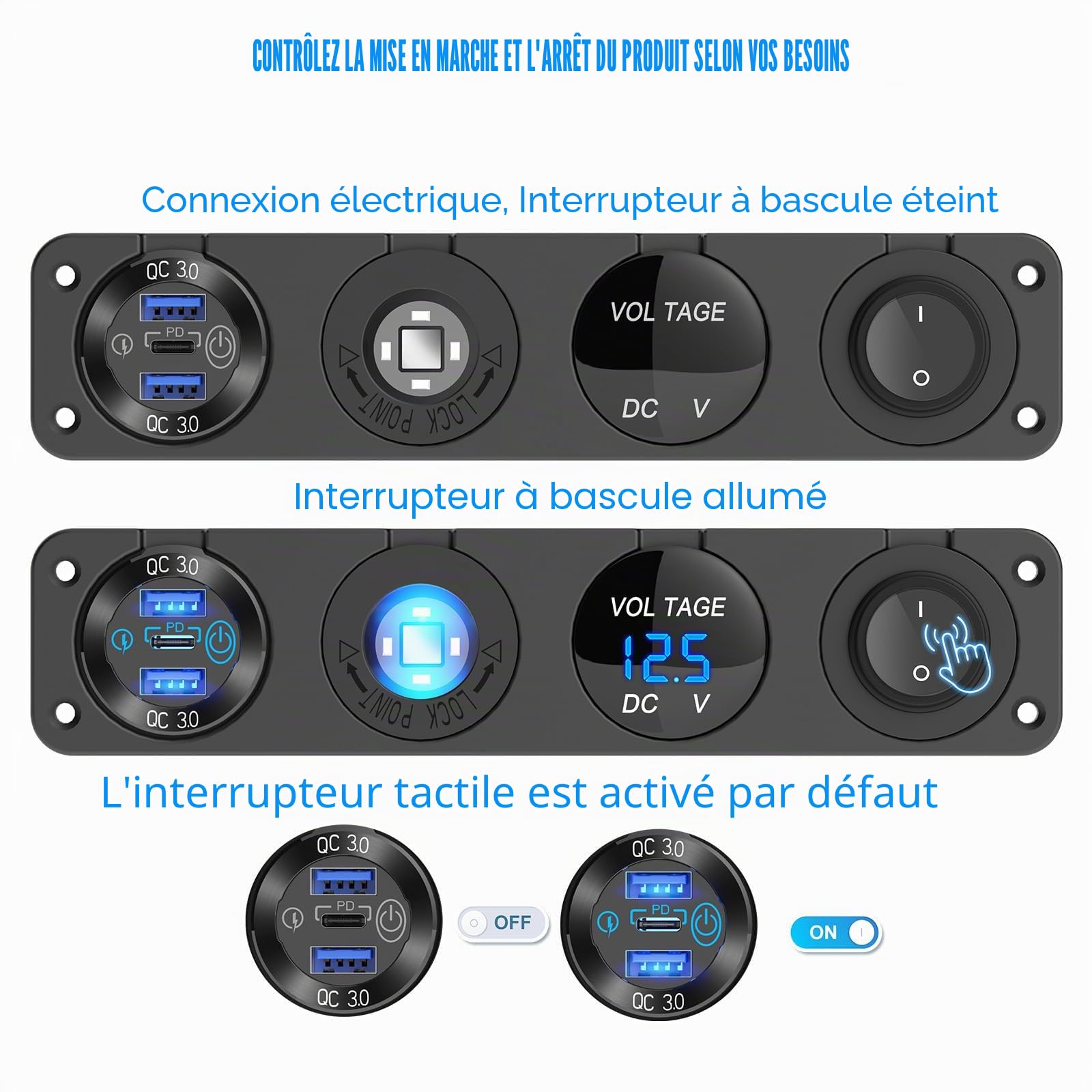 Prise USB 12V Panneau d'interrupteur Marin, Chargeur USB Double PD3.0 en Aluminium pour Voiture, Prise Allume-Cigarette 150W éclairée, Voltmètre LED Bleu et Interrupteur à Bascule Kit de Bricolage