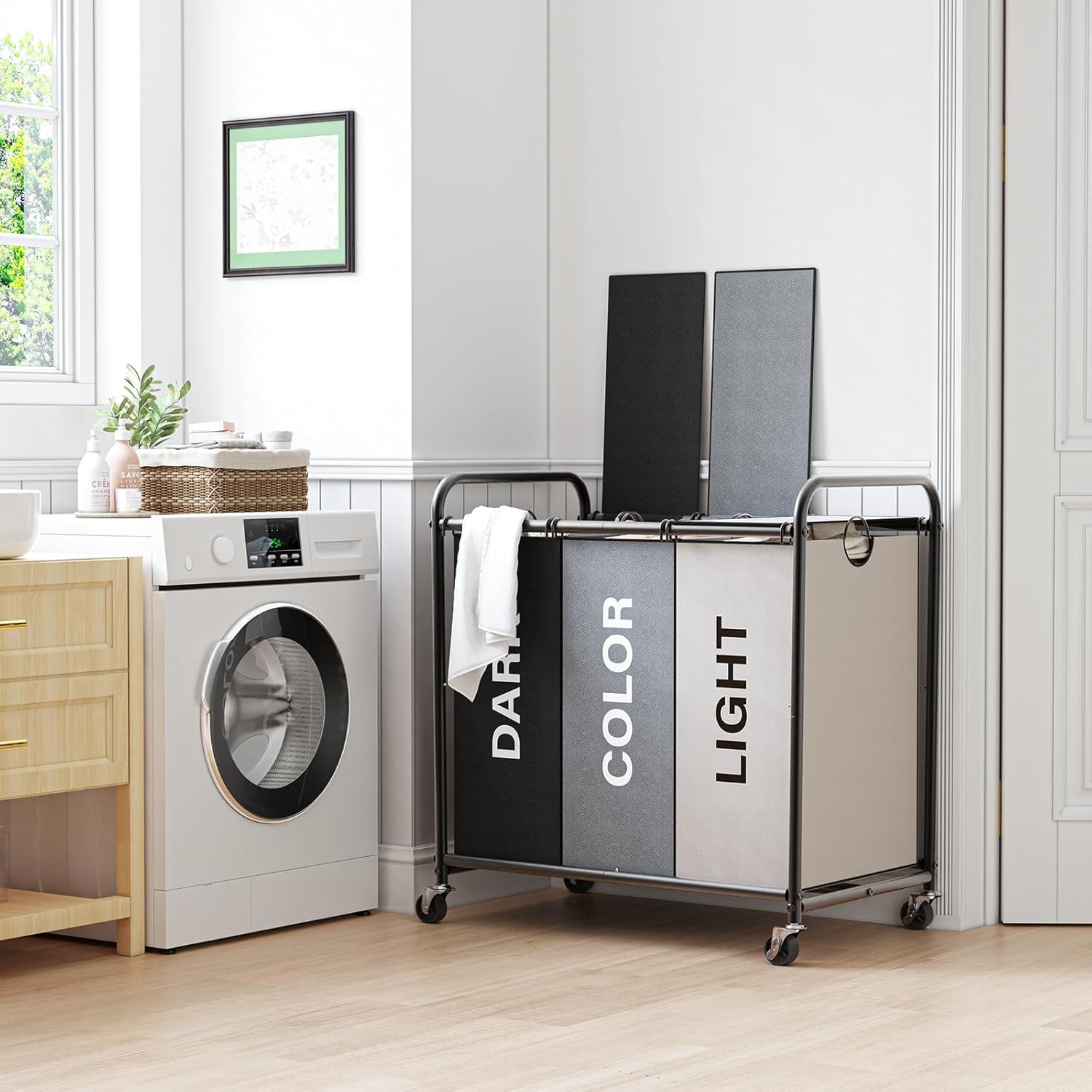 Laundry Sorter 3 Section with Lid Laundry Basket with Wheels, Made of Oxford Cloth and Metal Tubing, Large Capacity with Removable Laundry Bag for Laundry Rooms, Dormitories and Homes (Mixed, 180L)