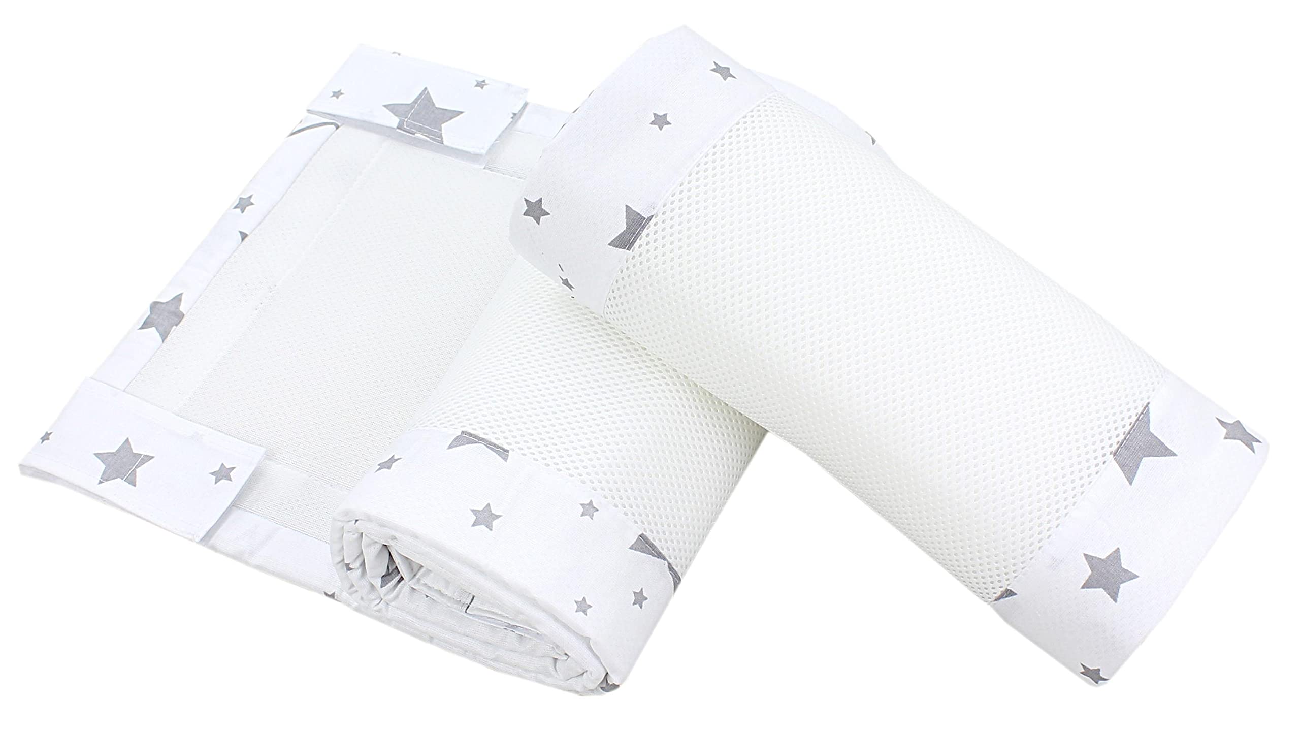TupTam Protezione Paracolpi per Lettino Nido per Neonati Traspirazione Air Mesh 2 Pack, Grande Stelle Grigio/Bianco, ca.128 x 30 cm (per Lettino 140x70)