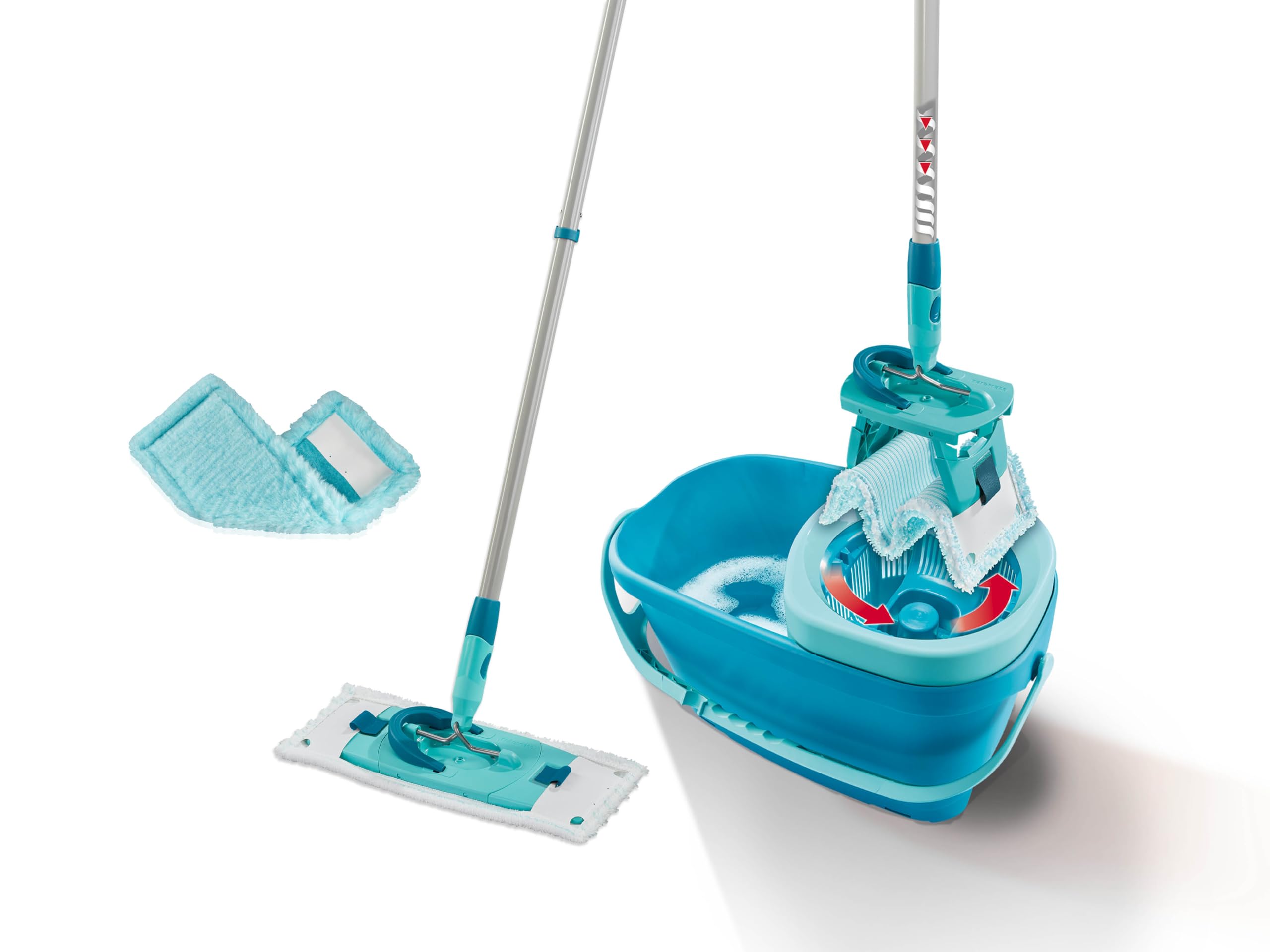 Leifheit Set Scopa Lavapavimenti CLEAN TWIST M Ergo, Strizzatura Rotante | Secchio 6 l con stop umidità, manico telescopico 110-140 cm, panno micro duo e duster static per pavimenti duri