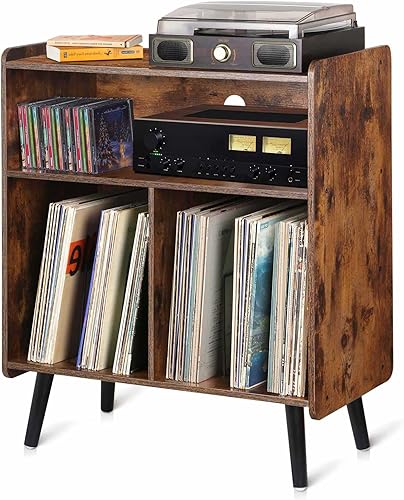 Soporte para tocadiscos vintage de 3 niveles, mesa de gabinete de almacenamiento de discos de vinilo de mediados de siglo con capacidad para hasta
