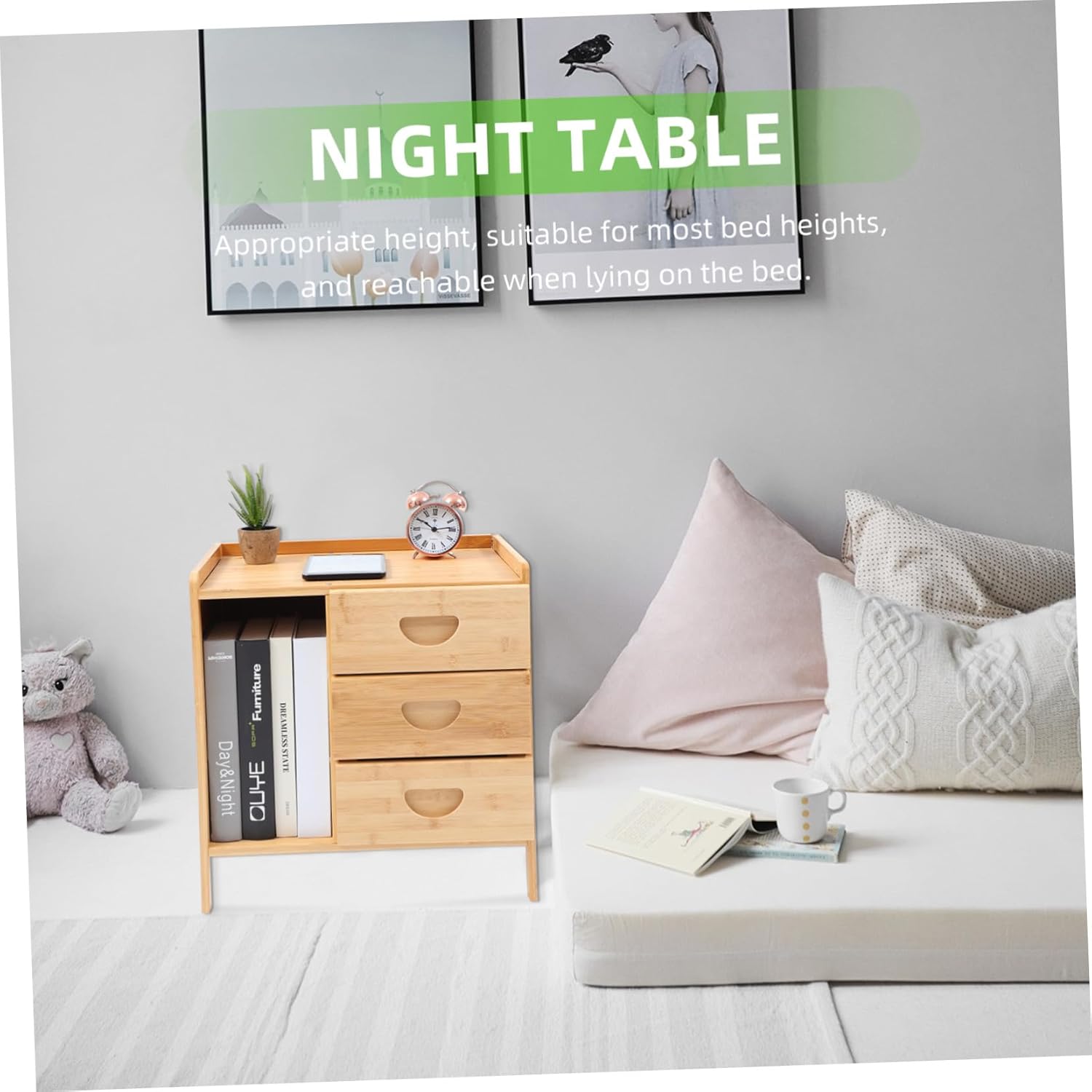 Frcolor 実用的な収納付きシンプルベッドサイドテーブル 無垢材使用 軽量で移動簡単 寝室やリビングにな小型ナイトテーブル
