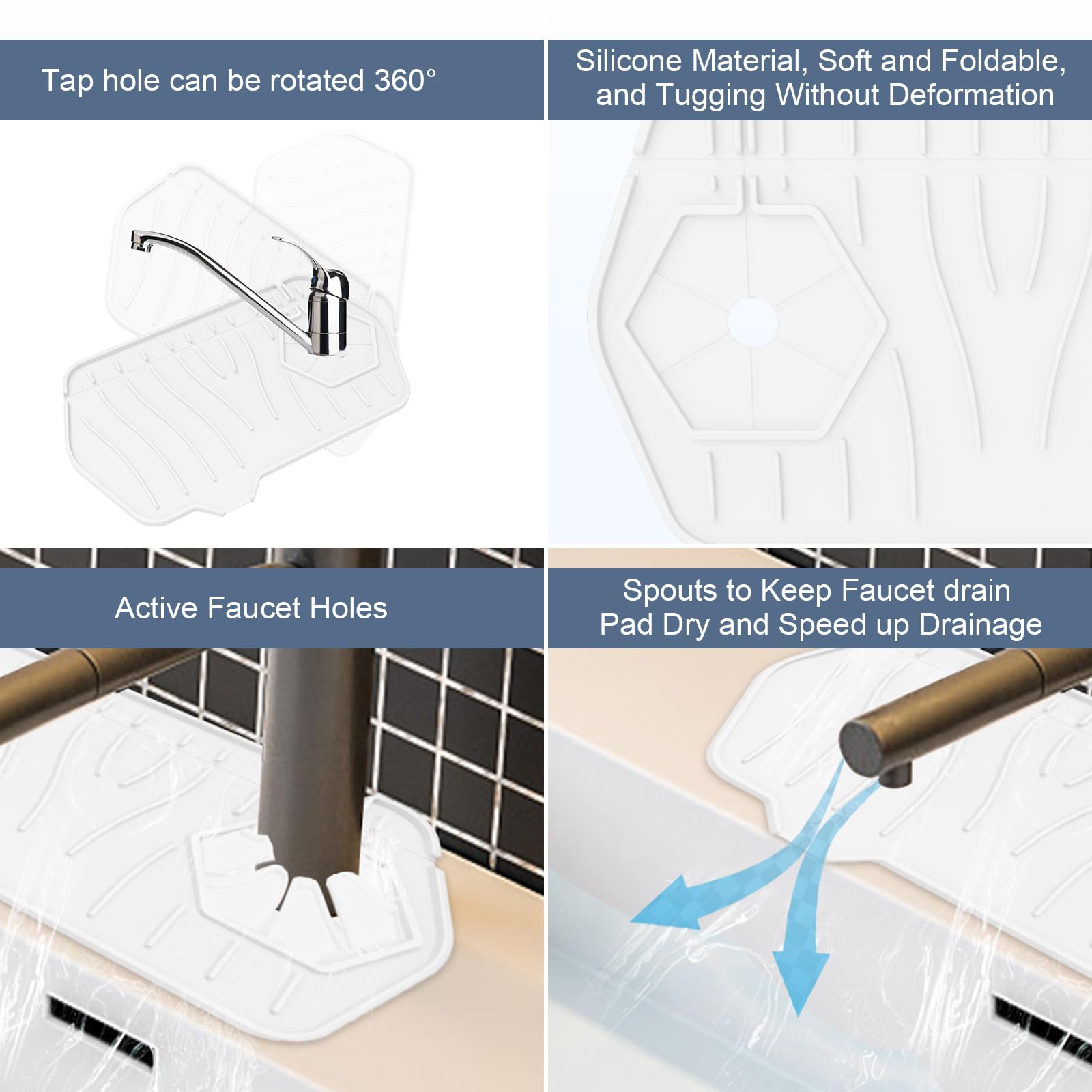 Sink Drain Mat - Unilateral Faucet Guard with 2 Drain Ports, Foldable for Kitchen & Bathroom (White) 4