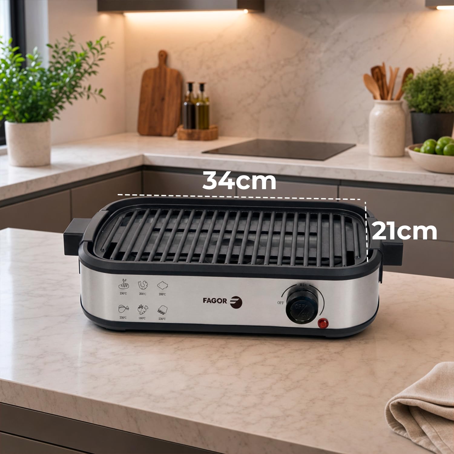 FAGOR SmokeLess Plancha de Asar Eléctrica XL 2000 W con Extractor de Humos