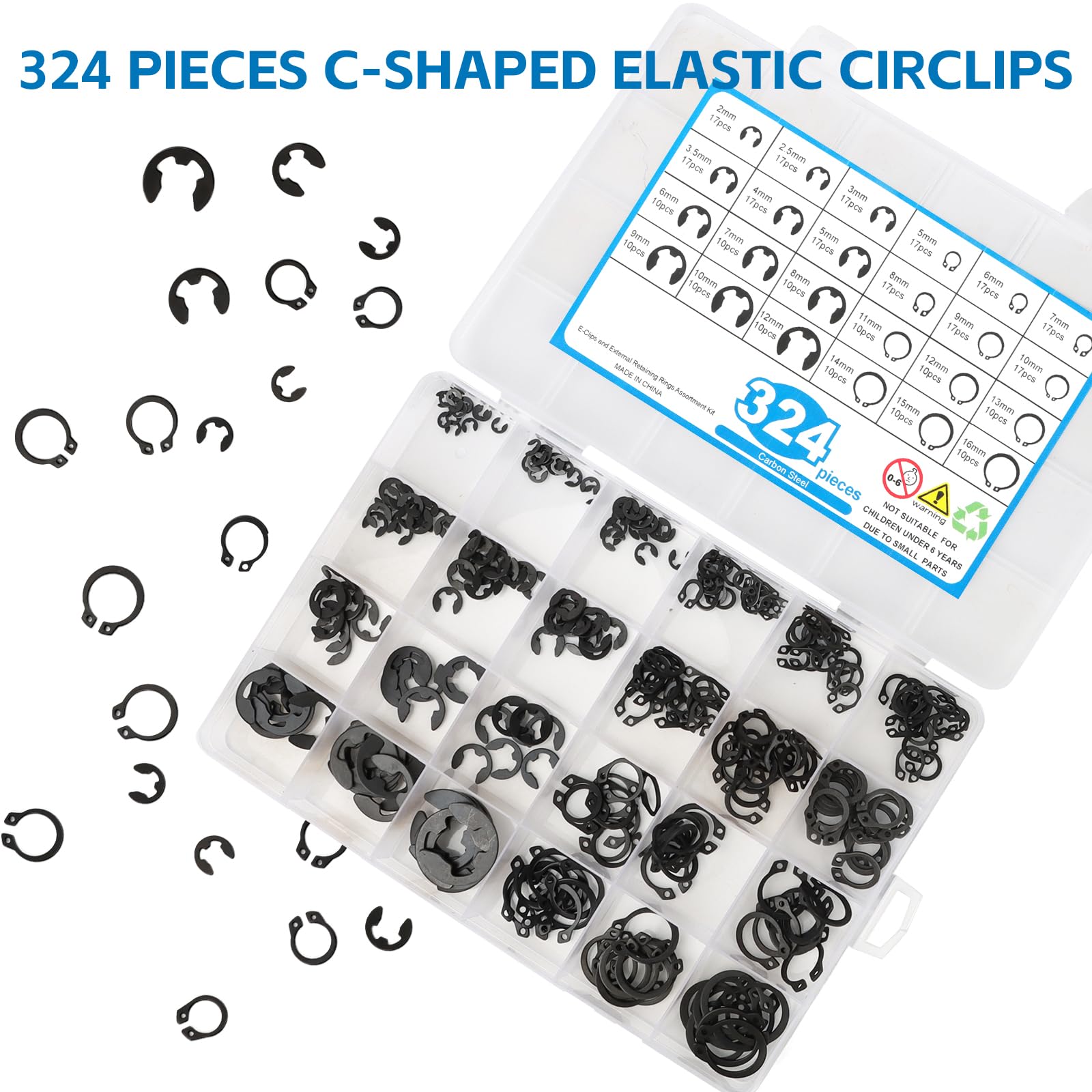 324 Pezzi Anelli di Sicurezza Esterna，C-clips anelli di sicurezza，E-clips Anelli Elastici，Rondelle di Sicurezza, Scatto Esterna E-clip Anello Seeger di Sicurezza，per Fissaggio di Cuscinetti，Ingranaggi
