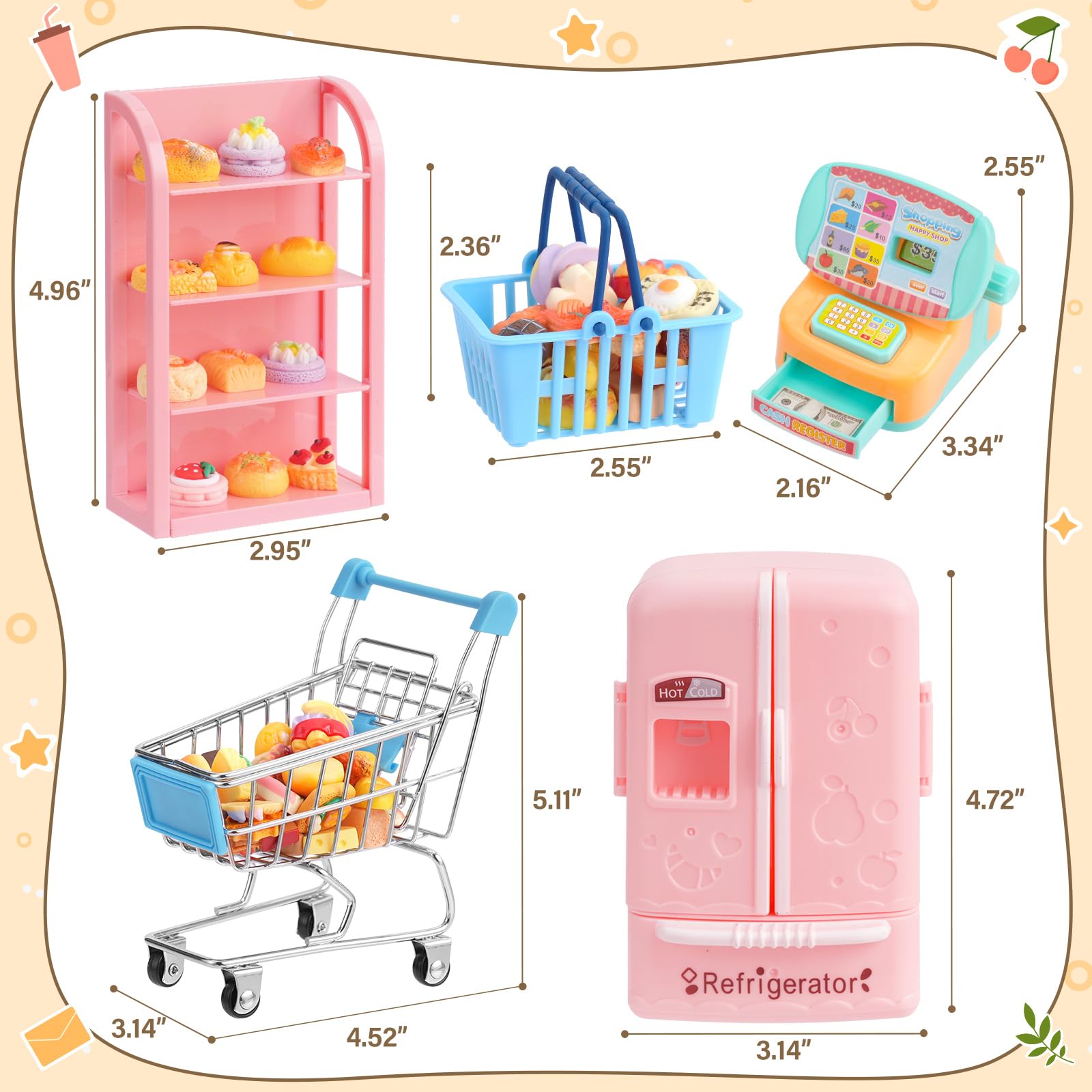 165 piezas de mini carrito y cesta de la compra en miniatura, juguete de alimentos y bebidas, supermercado, carrito de mano metálico, estantes, caja registradora, nevera, báscula de alimentos, carrito