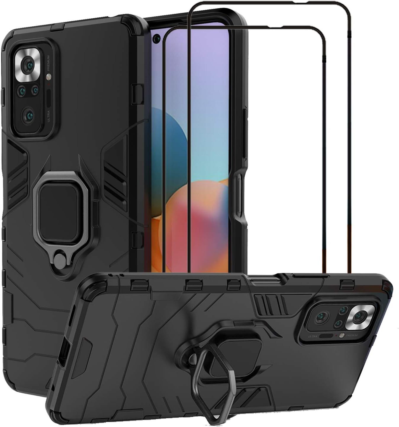 for Xiaomi Redmi Note 10 Pro/Redmi Note 10 Pro Max Kickstand Case with Tempered Glass Screen Protector [2 pieces], Hybrid Heavy Duty Armor Dual Layer Anti-Scratch Case Cover, Black