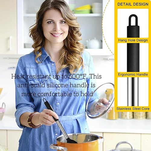 Miniatura 2 de Juego de cucharas de cocina sólidas de silicona (13.2 pulgadas), paquete de 3 cucharas de servidor antiadherentes con mango grande de acero
