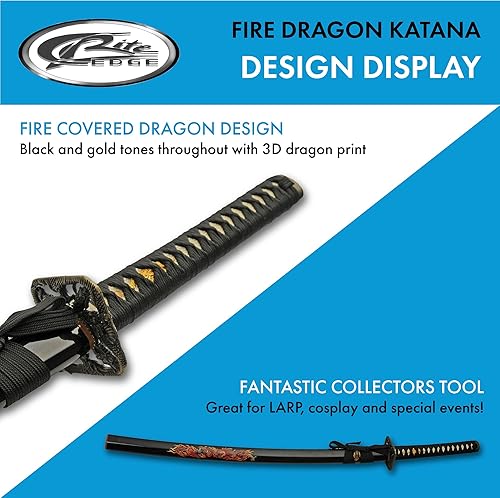 Miniatura 4 de SZCO Supplies Espada katana de acero al carbono de dragón de fuego de 39 pulgadas con vaina impresa ABS, color rojo