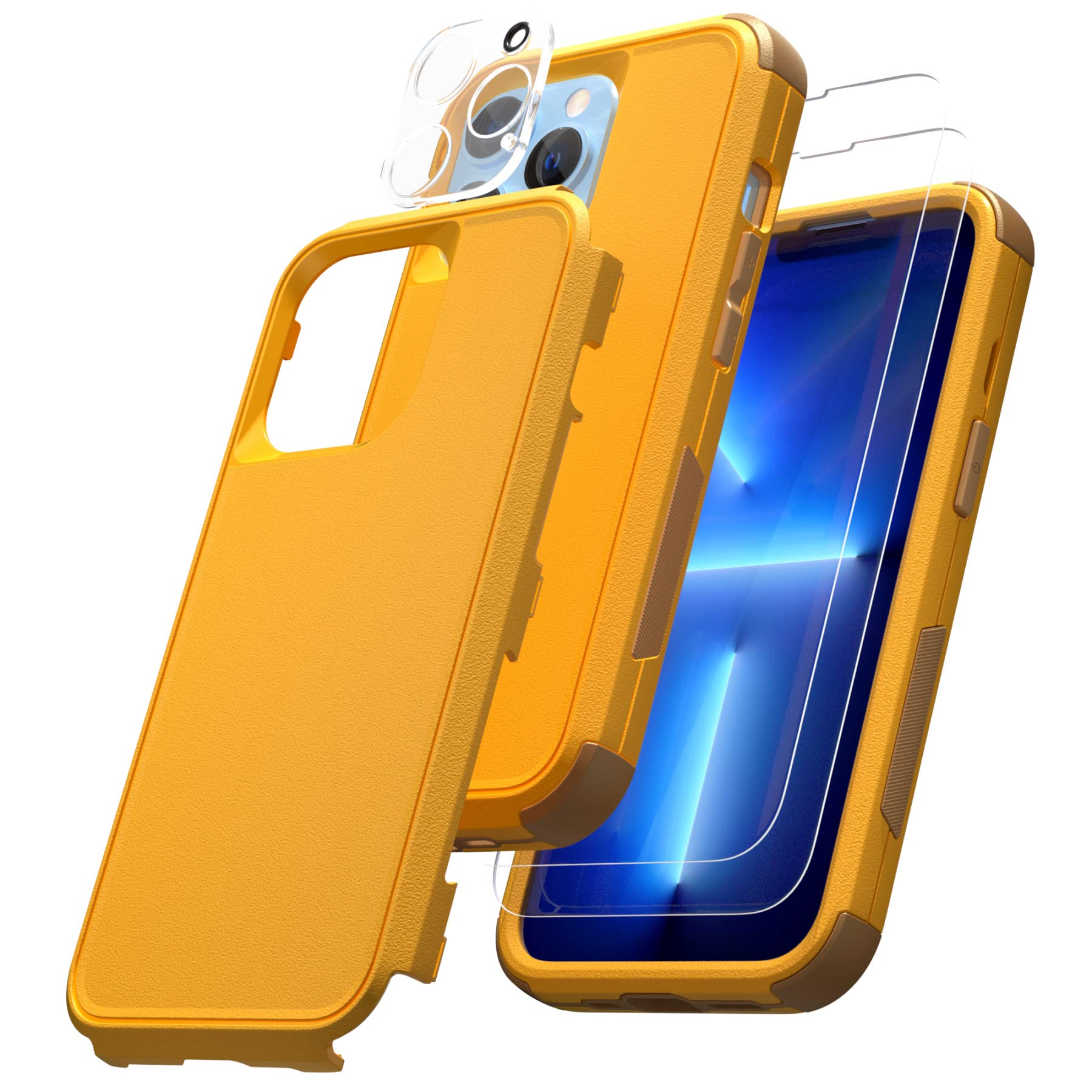 KEWEK for iPhone 13 Pro Max Case with Screen Protectors [2 Pack] and Camera Lens Protector [1 Pack] 3 in 1 Military Grade Heavy Duty Shockproof Case Cover for Apple iPhone 13 Pro Max (Yellow)