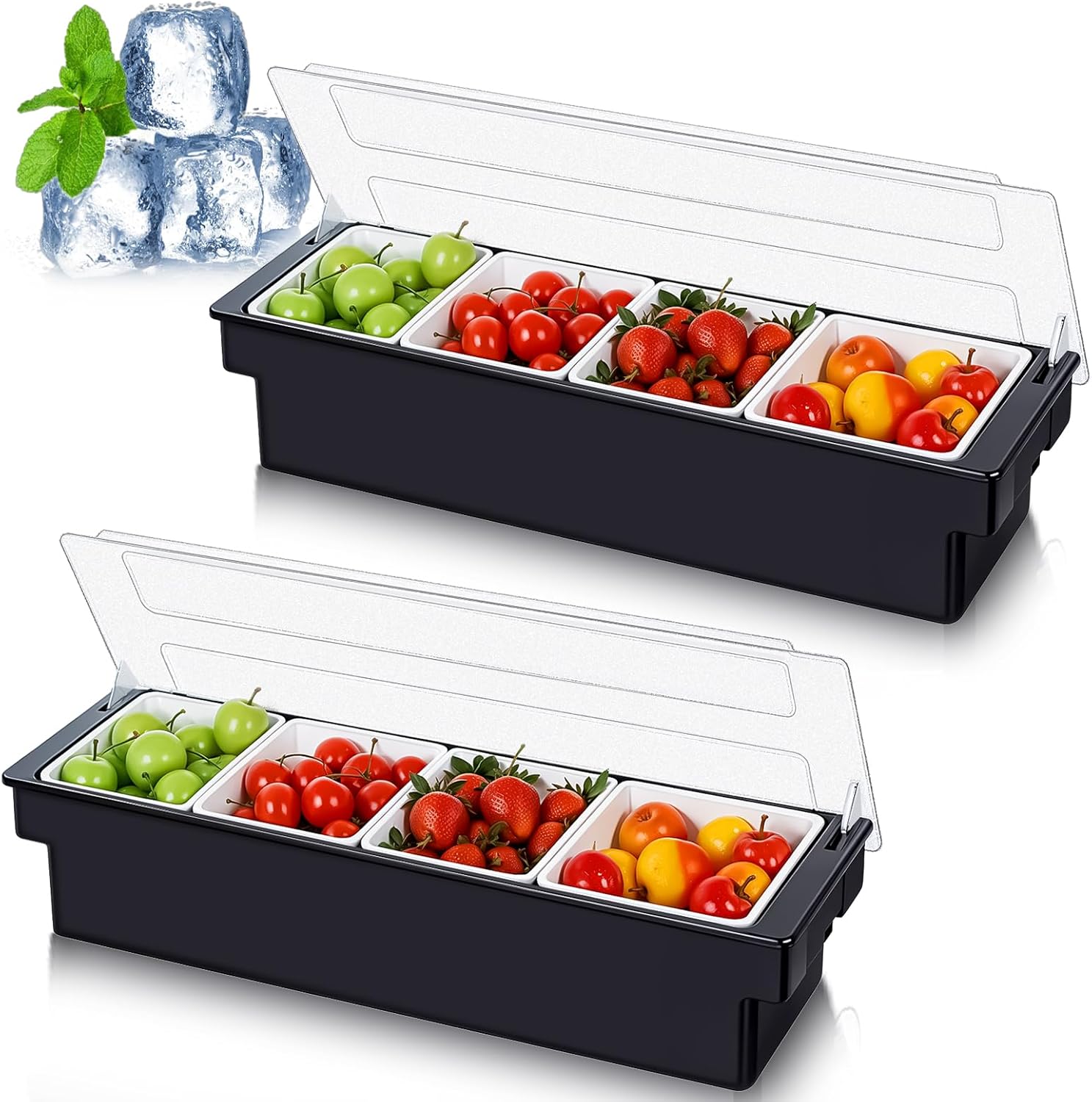 SHENLIU 2-Pack Ice Cooled 4-Compartment Garnish Caddy with Lids - Chilled Condiment Server for Bartending, Parties & Salad Bars