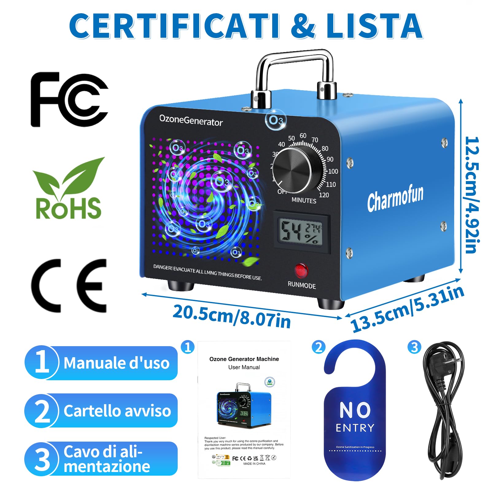Charmofun Generatore di Ozono Professionale 60000mg/h, Ozonizzatore Industriale per 300㎡, Macchina Ozono Alta Capacità O3, Generatore Ozono per Odori di Casa Auto Fumo Animali (Blu)