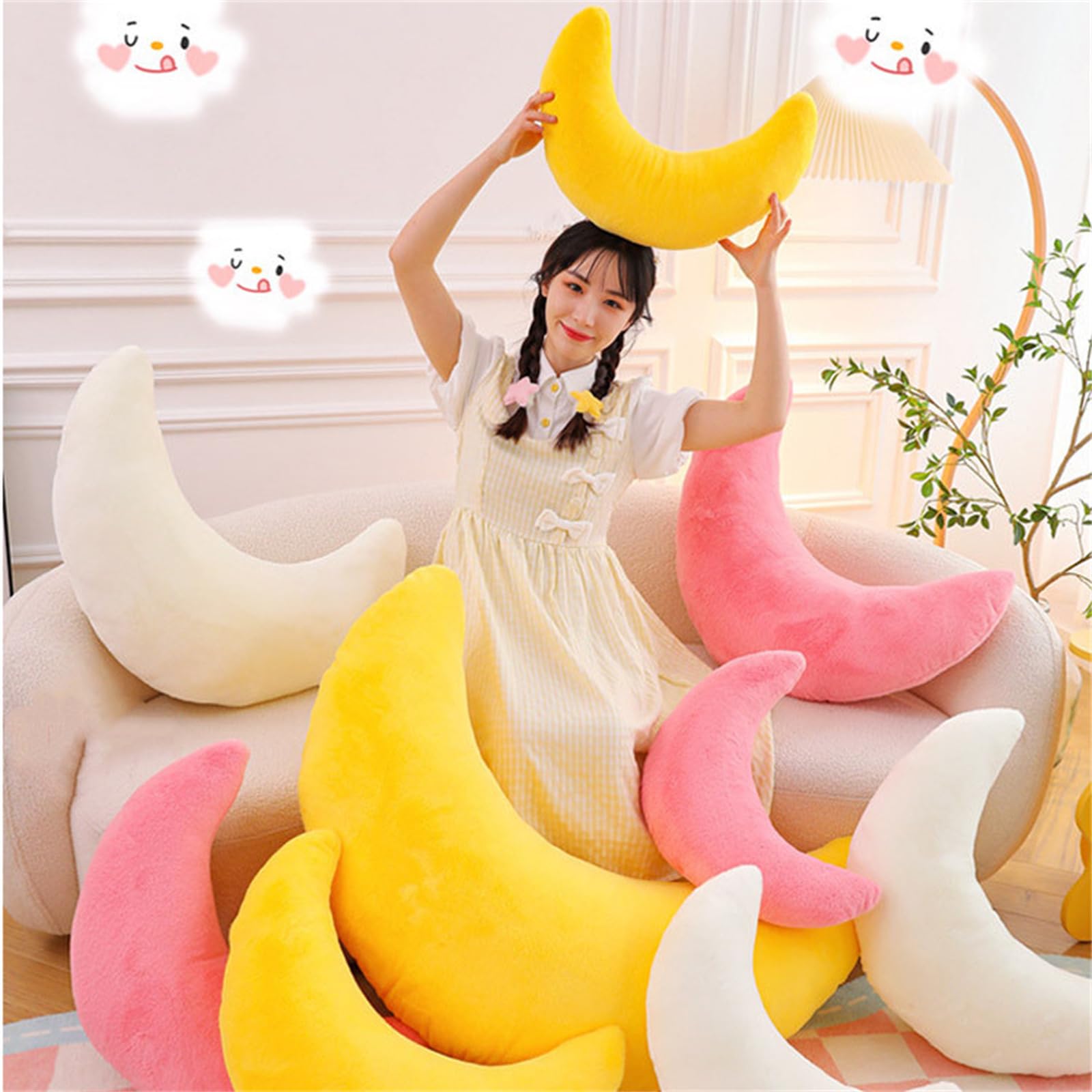 Herfair Morbido cuscino decorativo per bambini, a forma di luna, morbido cuscino decorativo per la cameretta dei bambini (giallo, 45 cm)