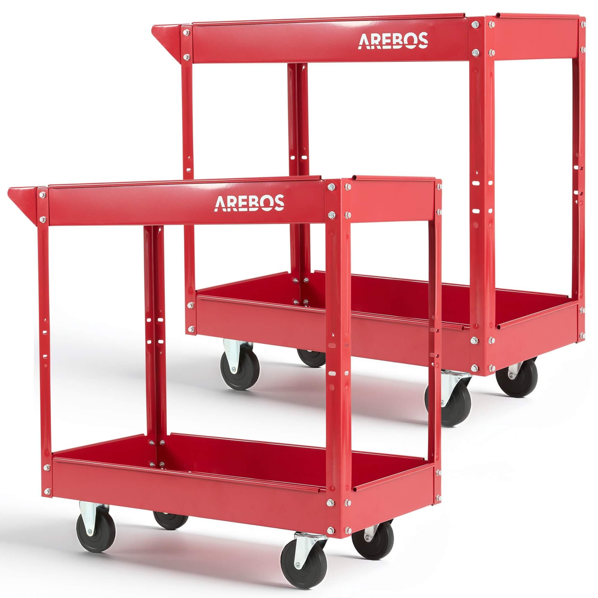Arebos Set da 2 Carrelli da Officina | Portautensili con 2 Ripiani | Struttura in Acciaio Robusta | Portata fino a 100 kg | Carrello Mobile per Officina, Garage e Fai da Te