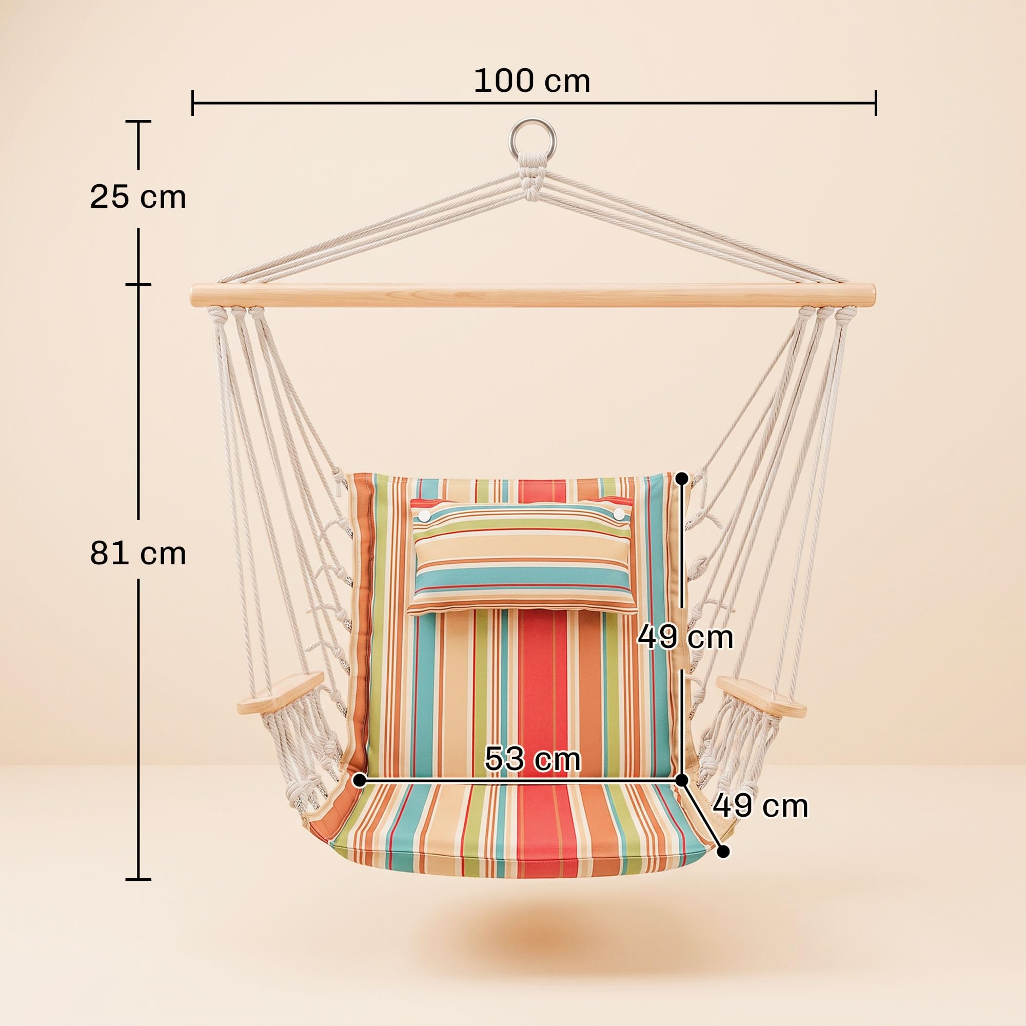Outsunny Fotel wiszący huśtawka z poprzeczką, poduszką, wielokolorowy | Hak sufitowy, stelaż, fotel wiszący, do 100 kg, siedzisko wiszące, do wnętrz, na zewnątrz, ogród, taras