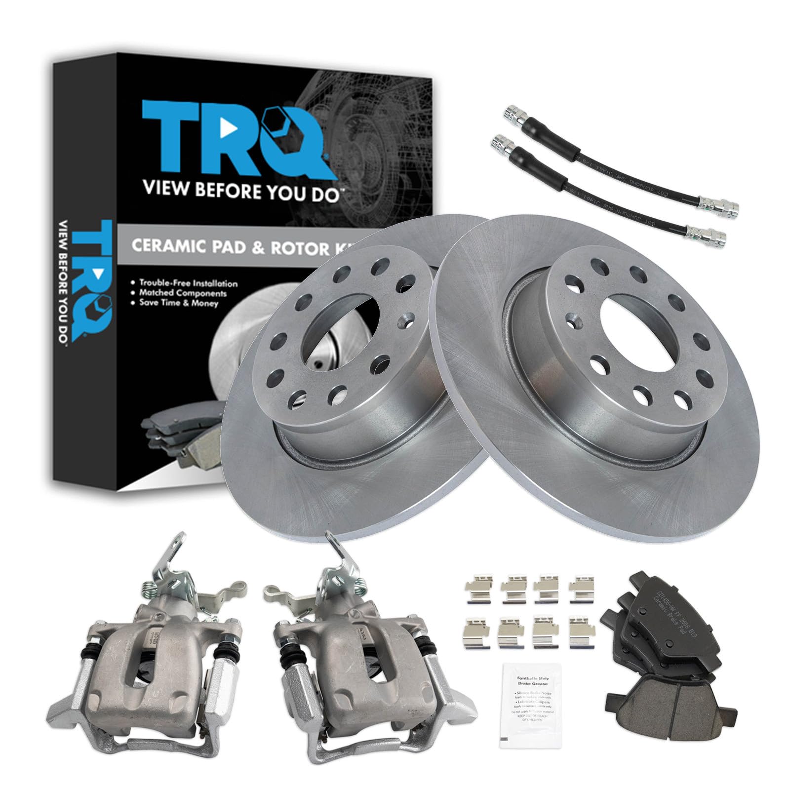 TRQ Rear Brake Pad and Rotor Set Ceramic 272mm Rotors Calipers Compatible with 2010 Volkswagen Jetta