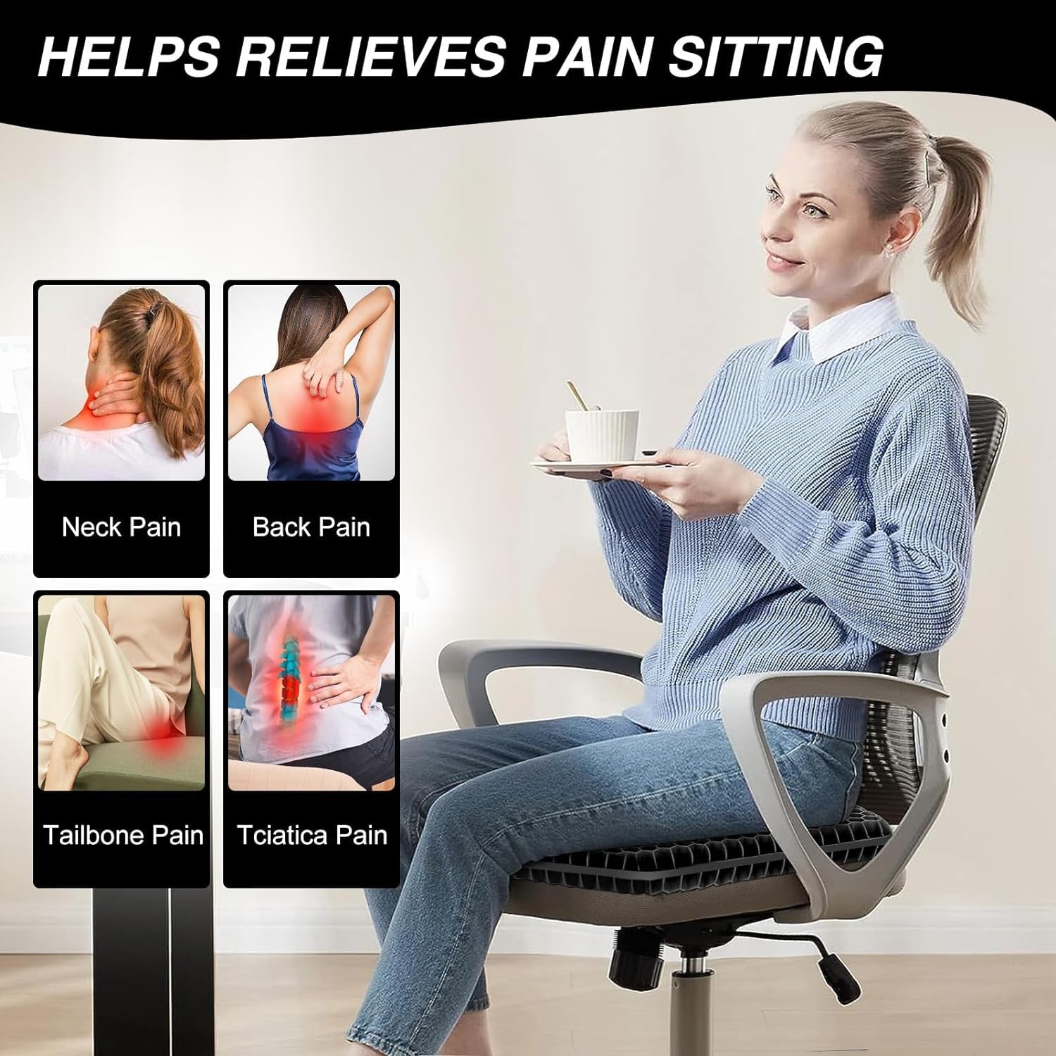 Miueade Cuscino sedia ufficio, Cuscino antidecubito, Cuscino gel a doppio strato con fodera lavabile, fresco e confortevole, allevia l'affaticamento dei glutei