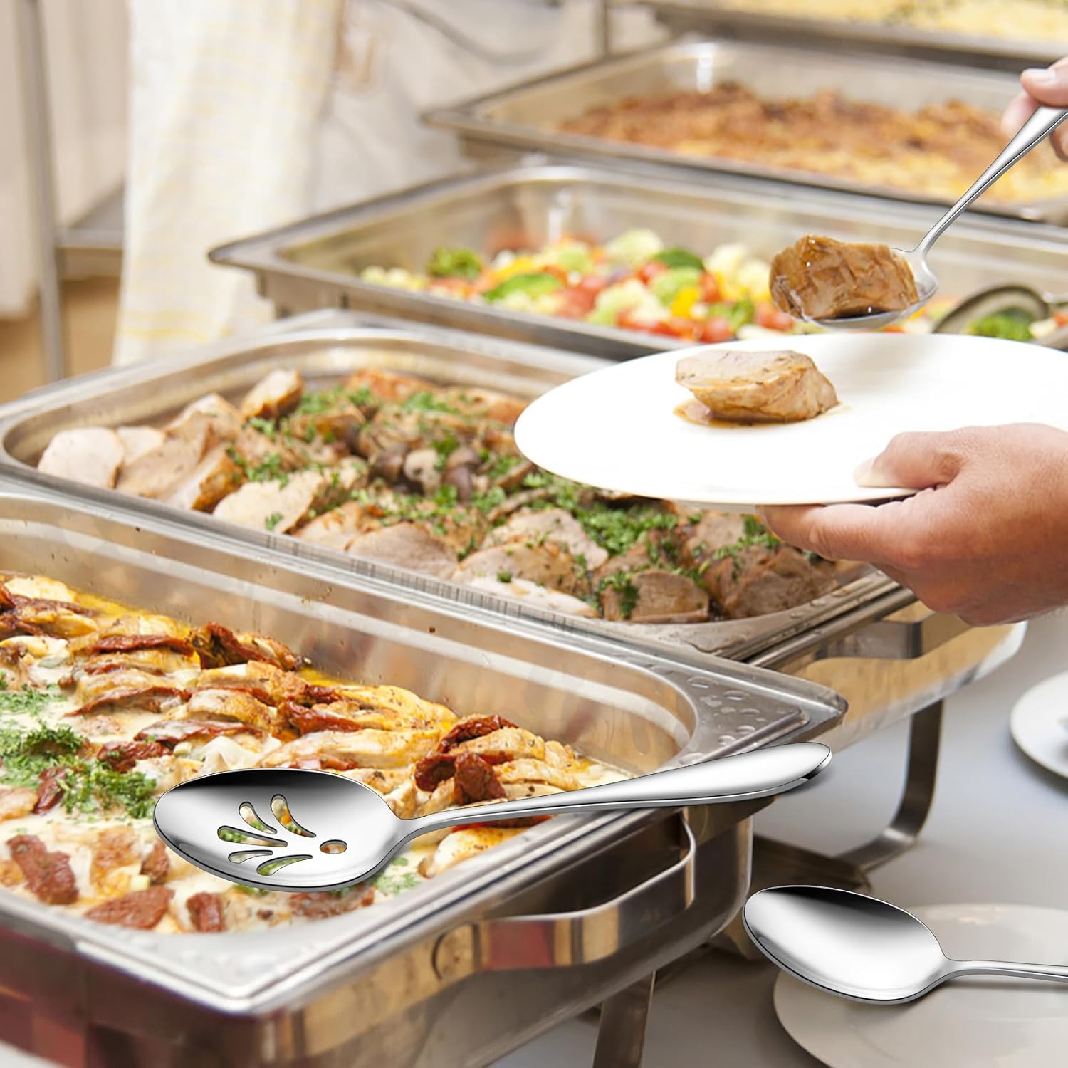 Stainless Steel Serving Spoons, E-far 4-Piece Metal Solid Spoons Hostess Serving Utensils Tablespoons Set for Catering Buffet Party Kitchen Restaurant, Dishwasher Safe