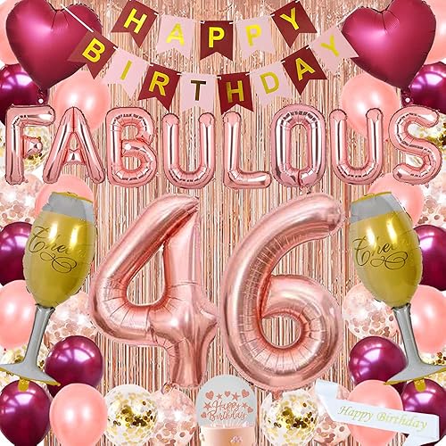 Miniatura 1 de Fancy 46 cumpleaños suministros para niñas y mujeres Borgoña y rosa feliz cumpleaños papel pancarta Faja para tartas de látex confeti globos de