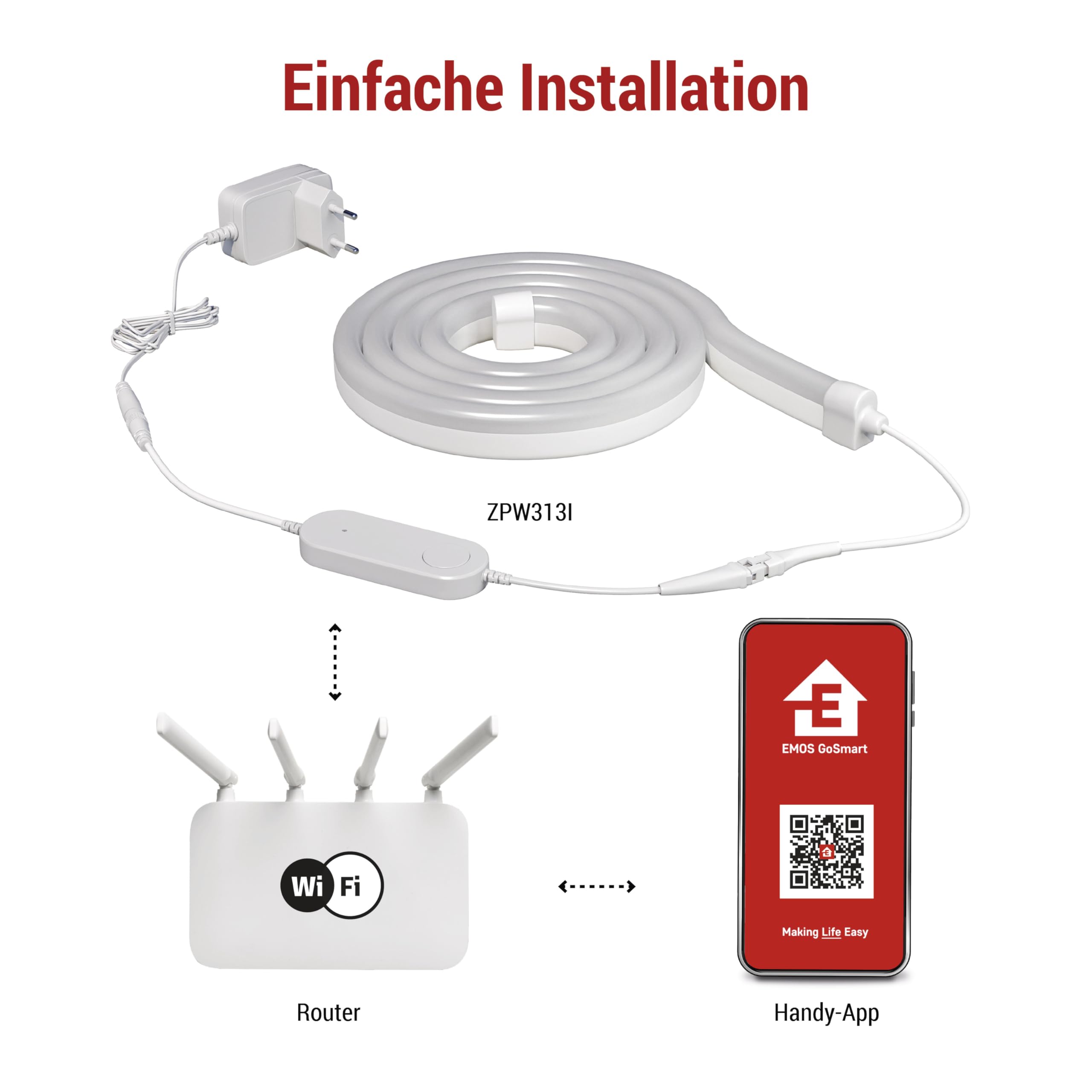EMOS - Smart RGBIC Neon Strip, 3 m - Illuminazione da parete Wi-Fi con 16+ milioni di colori, dimmerabile - Strisce LED in silicone - Illuminazione per ambienti interni e feste - Include 1,6 cavi e