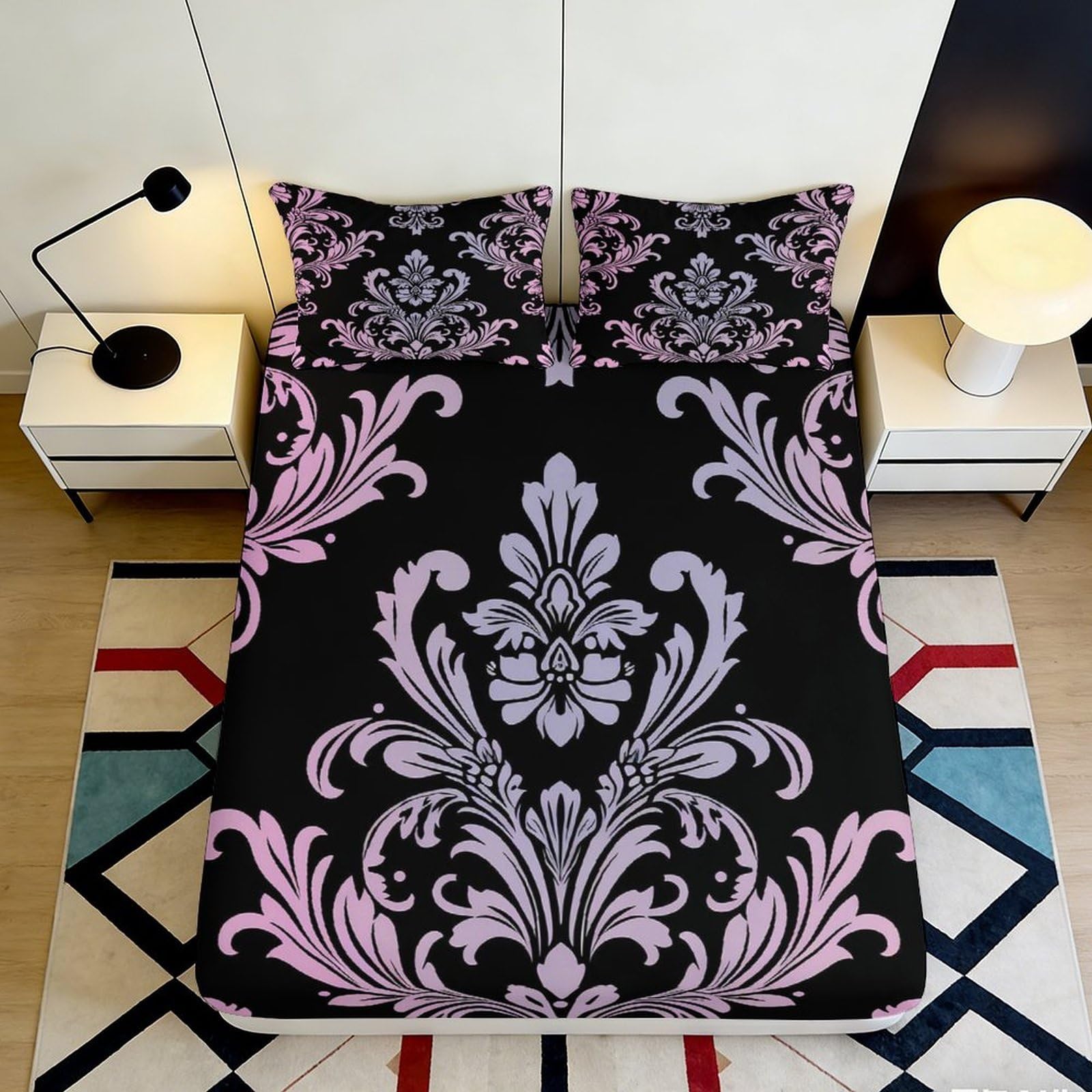 3D Printed Baroque Floral Fitted Sheet Microfiber Soft Breathable Damask Bed Cover for Bedroom Dormitory Guest Room Mattress Protection Decor 180x200x25cm