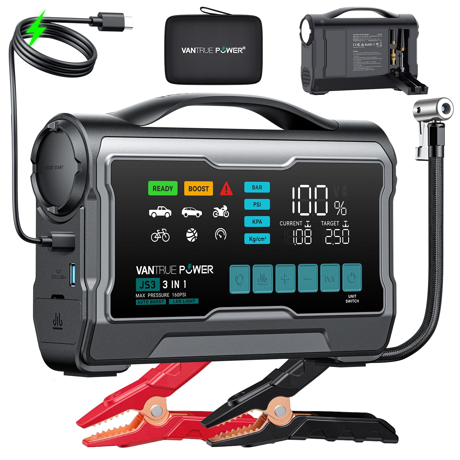 JS3 3250A Avviatore con Compressore d'Aria 160 PSI, Booster per Batteria Auto 12V con Display da 9", Power Bank con Ricarica Rapida 65W, Luce LED 400 Lumen – per Motori Benzina 10 L/Diesel 8 L