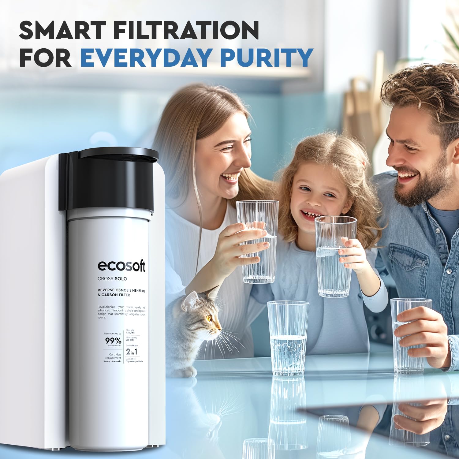 Ecosoft CROSS Solo Filtro de Ósmosis Inversa de Flujo Directo, 1.3 L/min, Filtración 2-en-1 con Membrana RO de 500 GPD y Postfiltro de Carbón, Diseño Ultra-Compacto para Cocinas Pequeñas