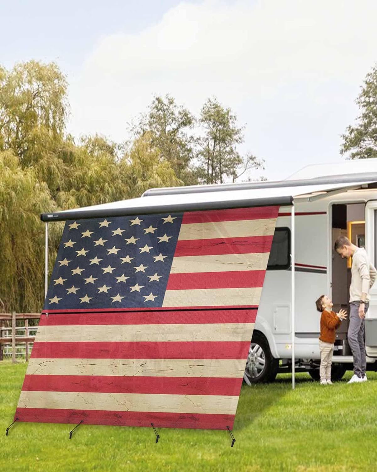 RV Awning Sun Shade Screen 9' x 7', American Flag Mesh RV Awning Shades Complete Kits, Farmhouse Blue Star Red Striped Sunlight Blocker Outdoor Canopy for Camping Trailer Motorhome