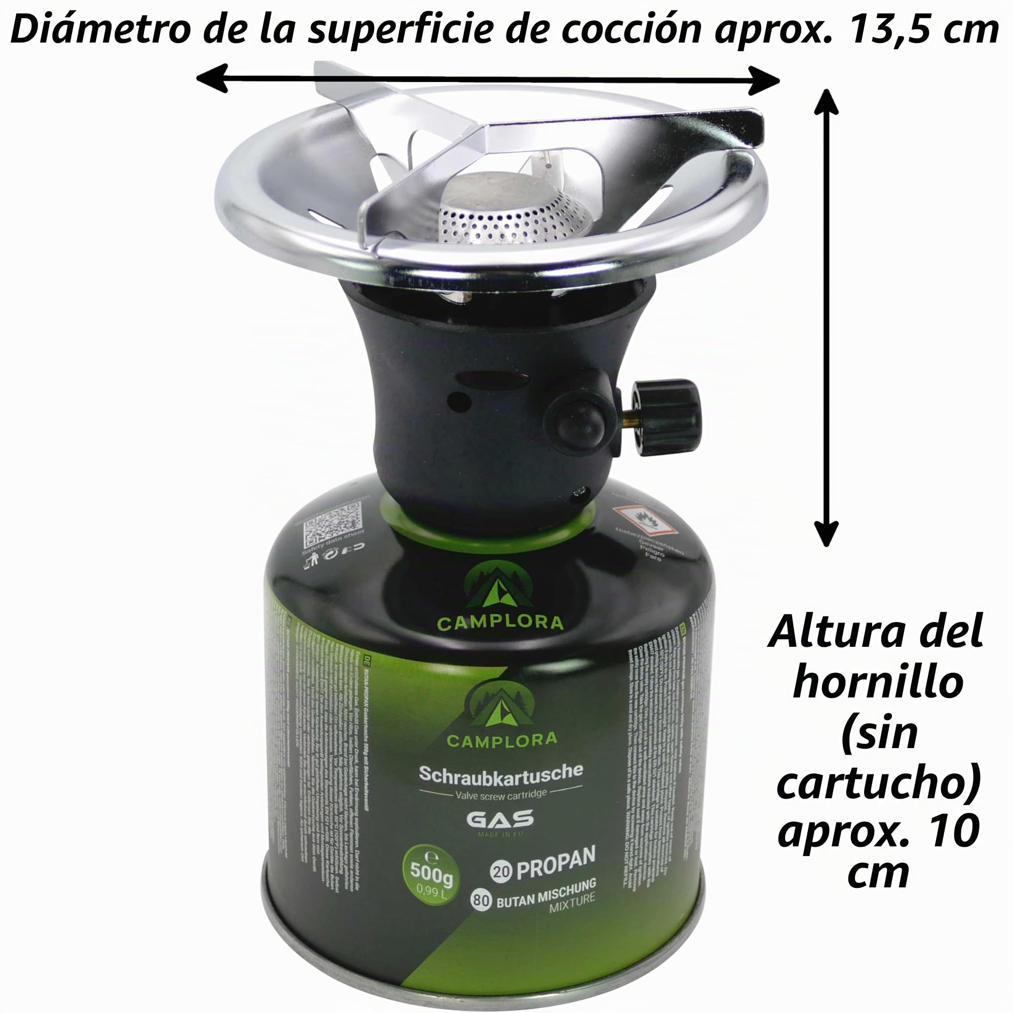 CAMPLORA hornillo de gas con 5 cartuchos y encendido piezoeléctrico, ideal para camping o mochilero | Encendido piezoeléctrico de 1,1 kW, camping y mochilero, cocina de gas con cartucho, estufa de gas para exteriores, pequeña
