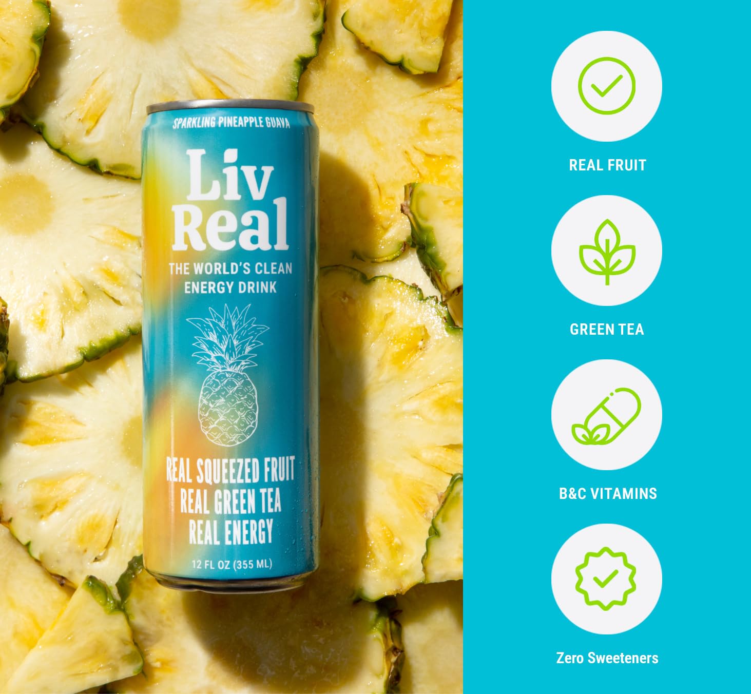 LivReal Clean Energy Drink – Organic Green Tea Caffeine 125mg + L-Theanine 100mg – Real Fruit, No Sweeteners or Flavorings – Vitamin C & B Complex – Sparkling Pineapple Guava Water – 12 Pack, 12 fl oz