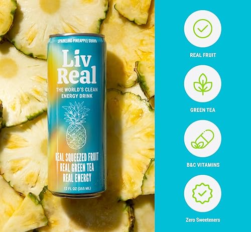 Miniatura 5 de Liv Real Clean Energy Drink - Guayaba de piña espumosa, hecha con fruta exprimida real, cafeína de té verde orgánico, sin edulcorantes artificiales
