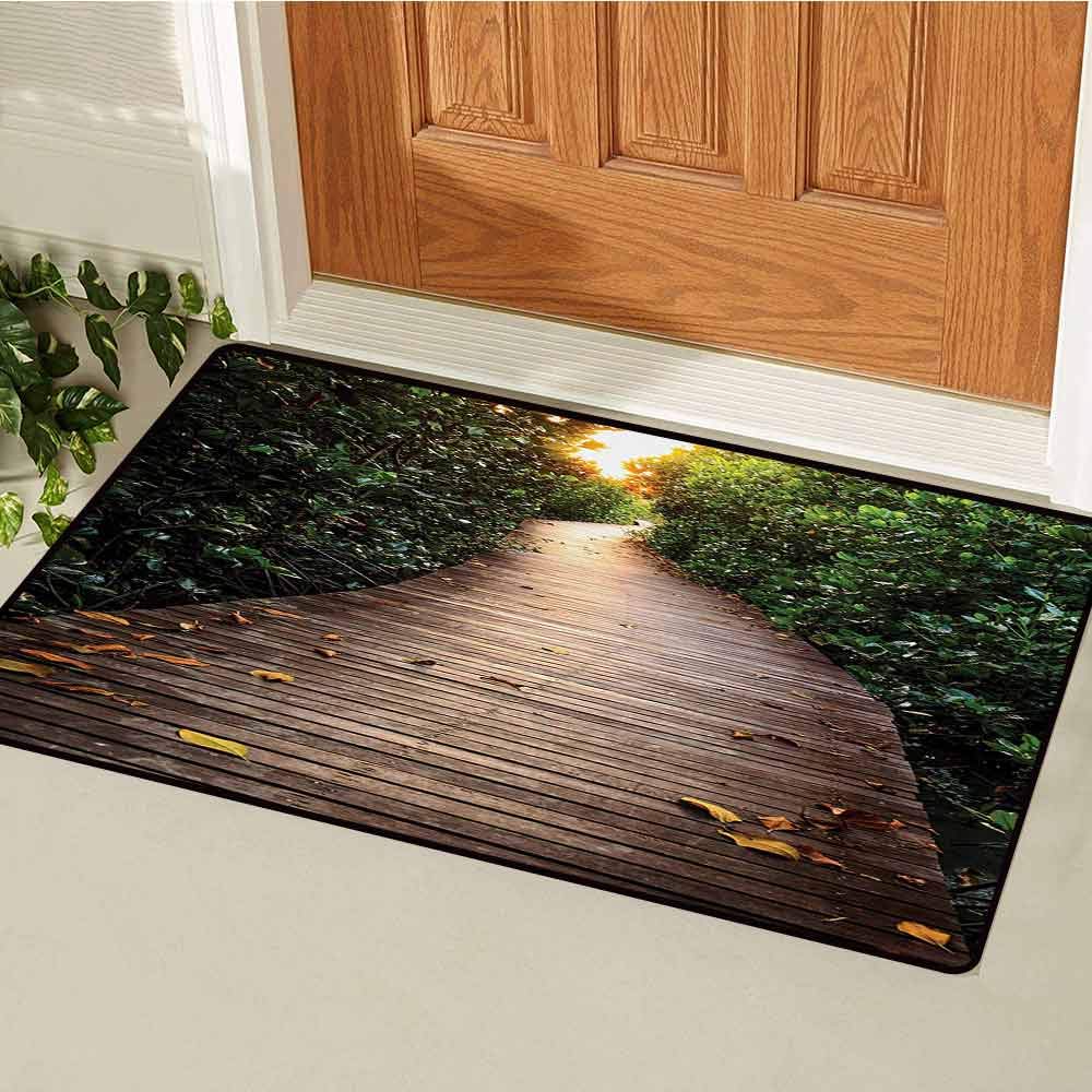 Jungle Commercial Grade Entrance mat Boardwalk in Mangrove Forest Sunlight Tunnel Sunset Autumn Golden Leaves for entrances garages patios W15.7 x L23.6 Inch Brown Green Yellow