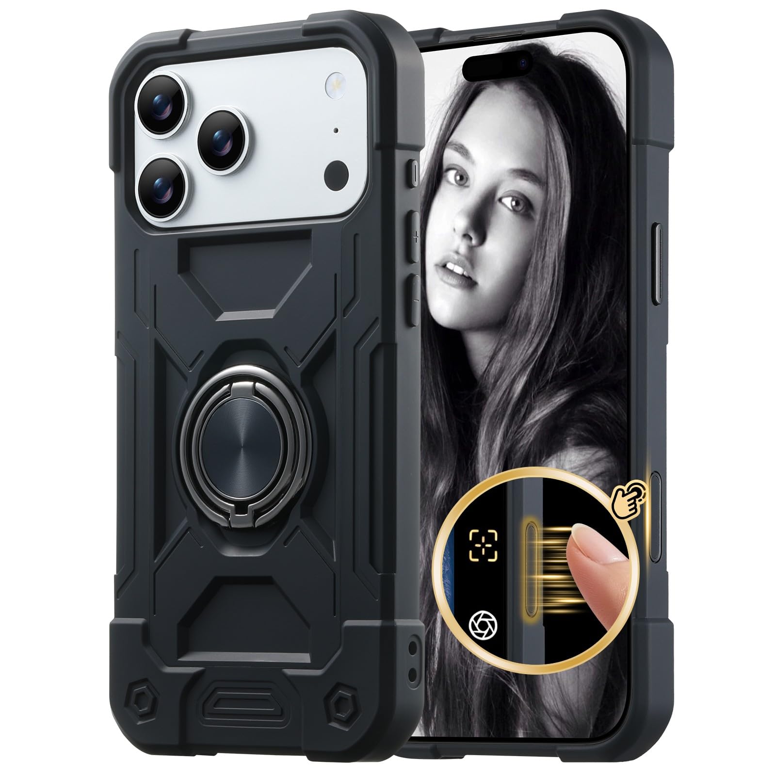 Generic Schutzhülle kompatibel mit iPhone 13 (Farbe: Schwarz), stoßfest, Ringständer, harte Silikon-Schutzhülle