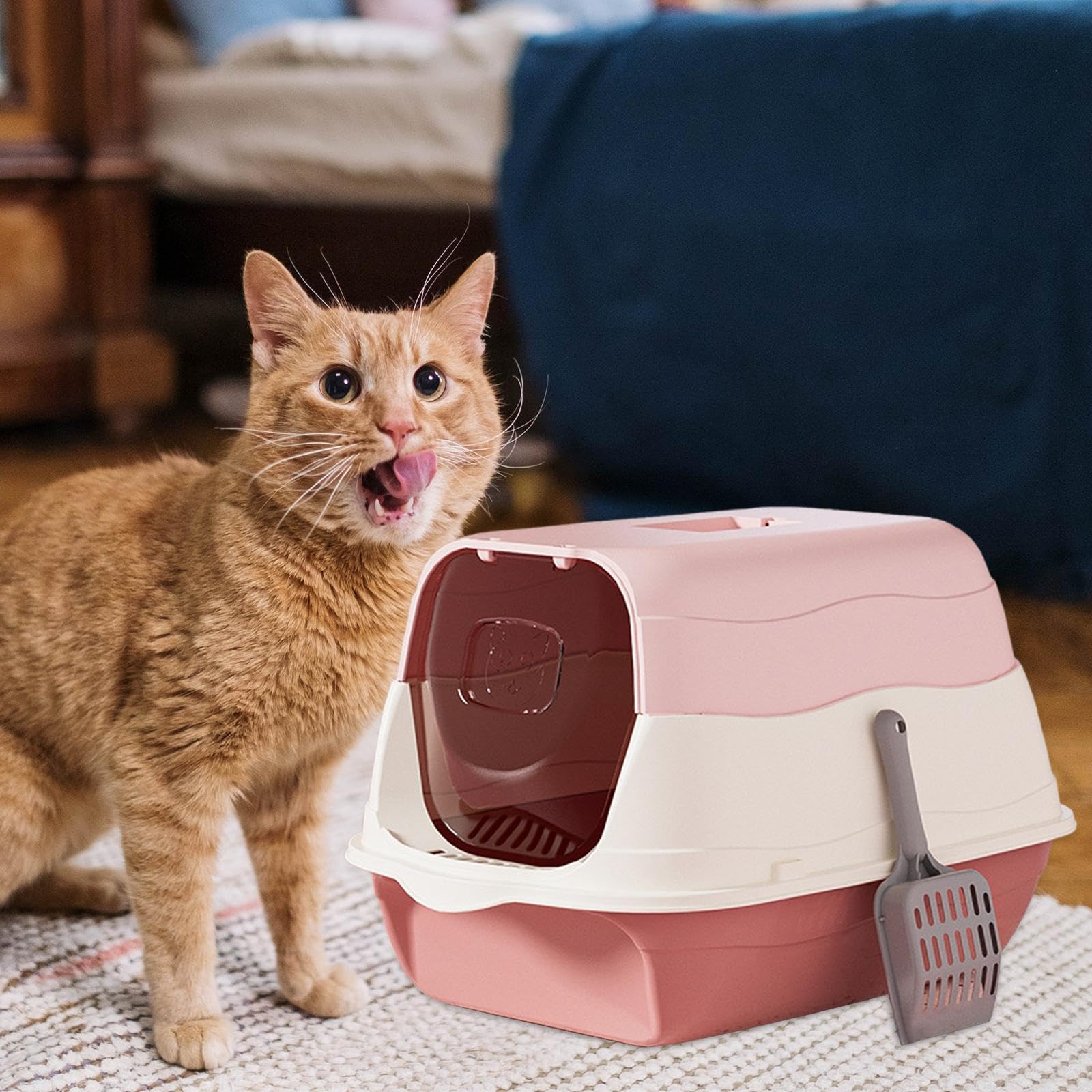 Orinal para Gatos con Tapa Y Capucha, Inodoro Cerrado para Gatos, Arenero Desmontable, Bandeja de Arena Reutilizable para Mascotas con Puerta Frontal, Rosado