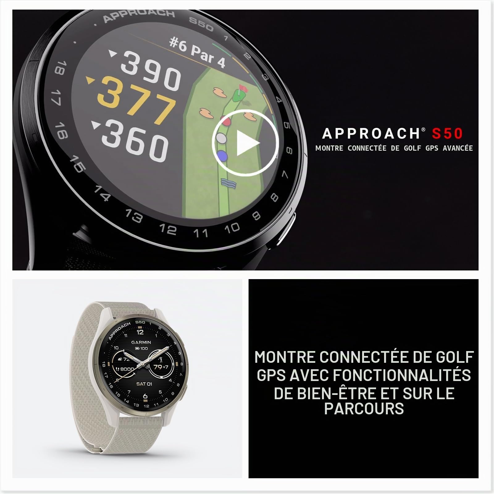 Garmin Approach® S50 Montre Intelligente GPS de Golf avancée, écran AMOLED, caractéristiques sur Le Terrain, fréquence Cardiaque au Poignet, Lunette en Aluminium Ardoise avec Bracelet en Nylon