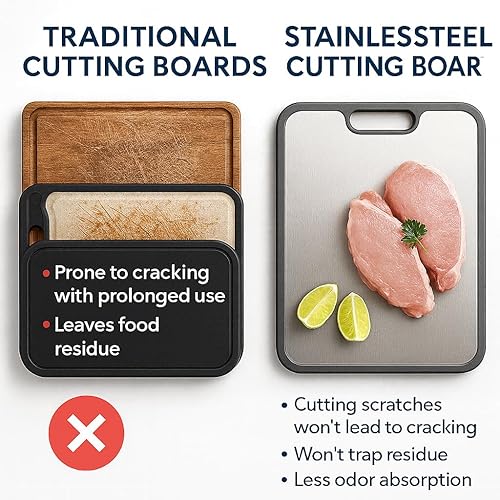 Miniatura 3 de Tabla de cortar de acero inoxidable, tabla de cortar de metal de 15 x 10 pulgadas, tabla de cortar de acero de doble cara, higiénica no porosa, paja