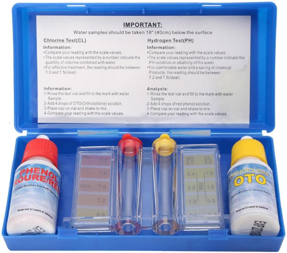 Domeilleur TEST KIT CHLORINE PH, Meter Chlorine pH Pool Water, Drops - Set PH Chlorine Water Quality Test Kit - Kit Swimming Pool Spa Test Indicator w/Color Chart