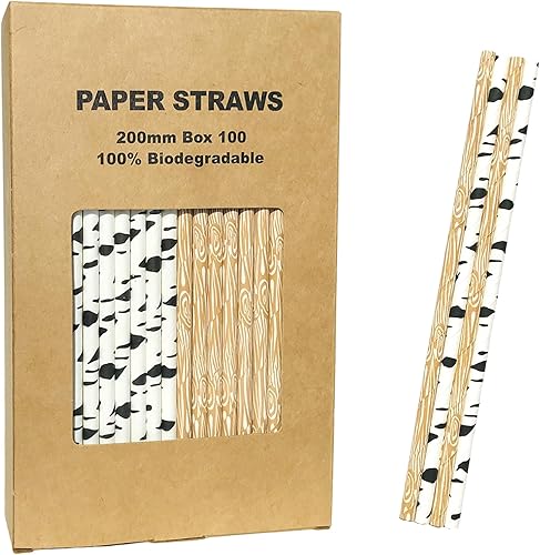 Miniatura 2 de 100 pajitas de papel mixtas para fiestas, a granel, lindo árbol de madera de grano de abedul negro, pajitas rústicas a granel, picnic, campamento,