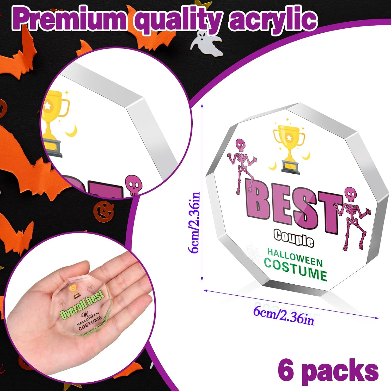Huquary 6 Pcs Acrylic Trophy Contest Award Halloween Costume Awards Funny Cute Personalized Trophy Bulk Prizes Medals for Adults Kids Halloween Costume Contest Christmas School