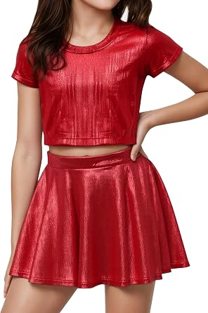 Happy Cherry Girls Metallic Crop Tops with Shiny Pleated Skirt 2 Pcs Set Kids Short Sleeve Sparkly Dance Disco Outfits 3-14Y