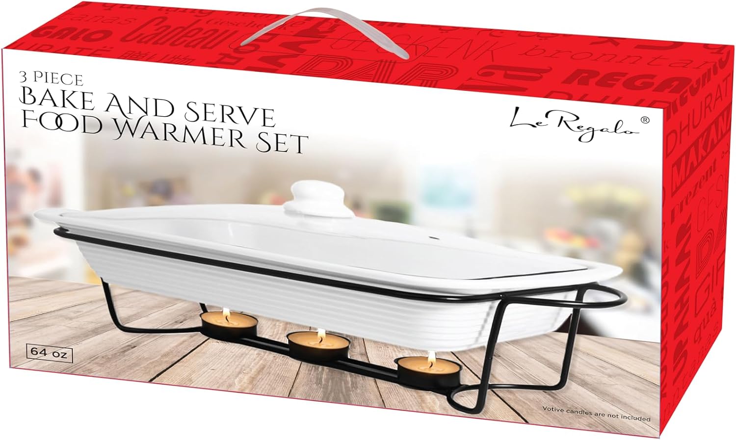 Stoneware 3-Piece Baking Dish, Glass Lid and Metal Stand, Bake and Server Food Warmer Set, Oven, Dishwasher and Freezer