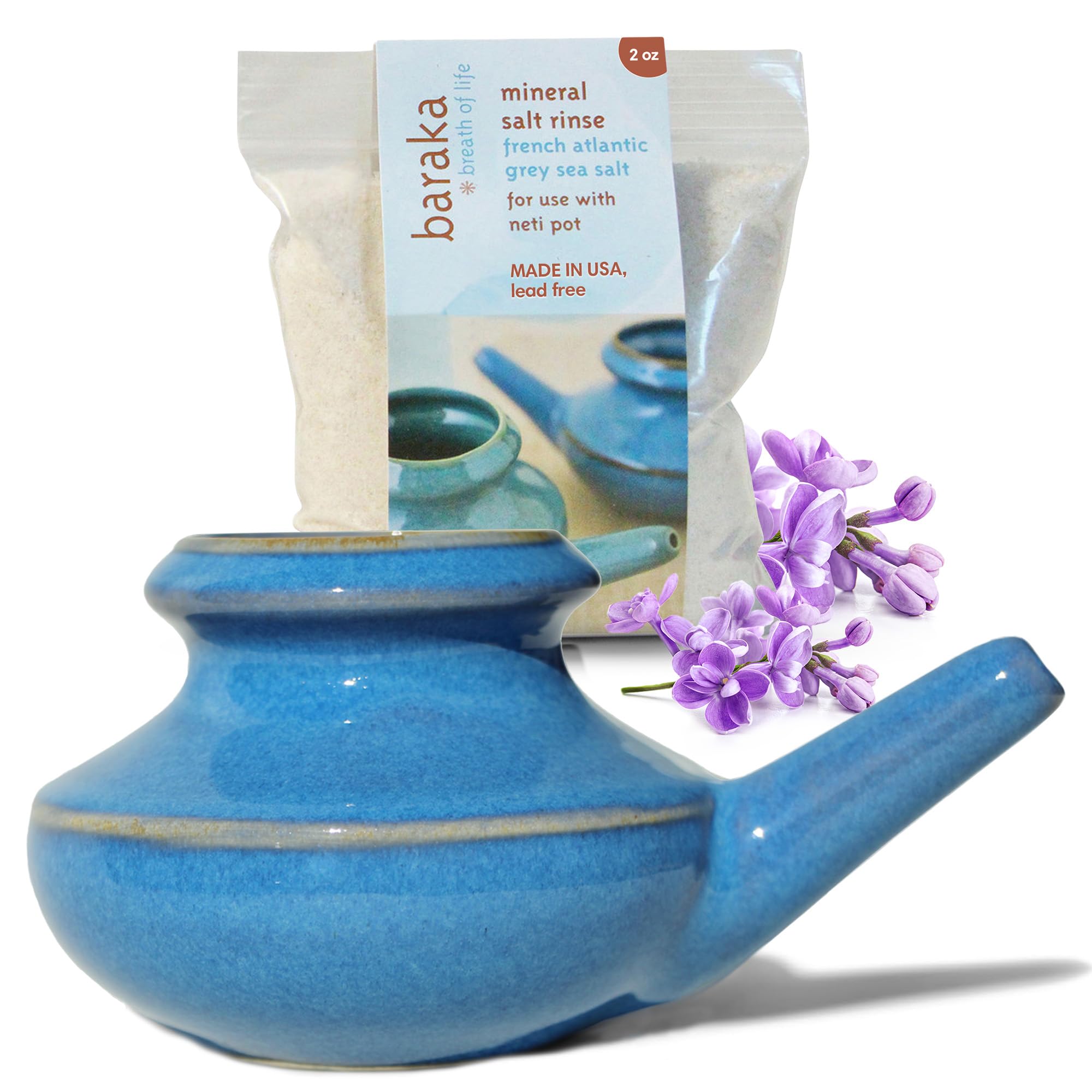 Baraka Neti Pot Tool Kit - Snoring & Saline Solution, Handcrafted Ceramic Dishwasher Safe with 2oz Mineral Sea Salt for Nose Cleaning & Sinus Rinse Perfect for Allergy Relief in Adults & Kids (Blue)