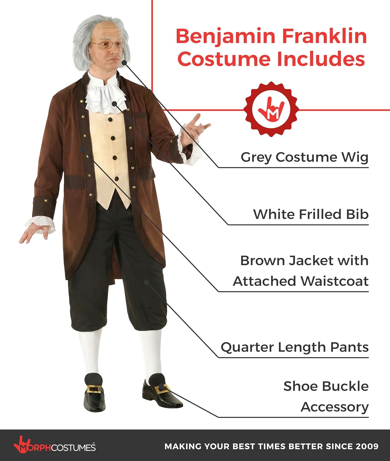 Morph Benjamin Franklin Costume With Wig, Founding Fathers Costume Adult, Ben Franklin Costumes, Adult Colonial Costume