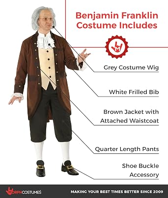 Morph Founding Father Costume Adult with Wig, Ben Franklin Outfit, Colonial Costume Men, 4th of July Outfit, 250 Anniversary